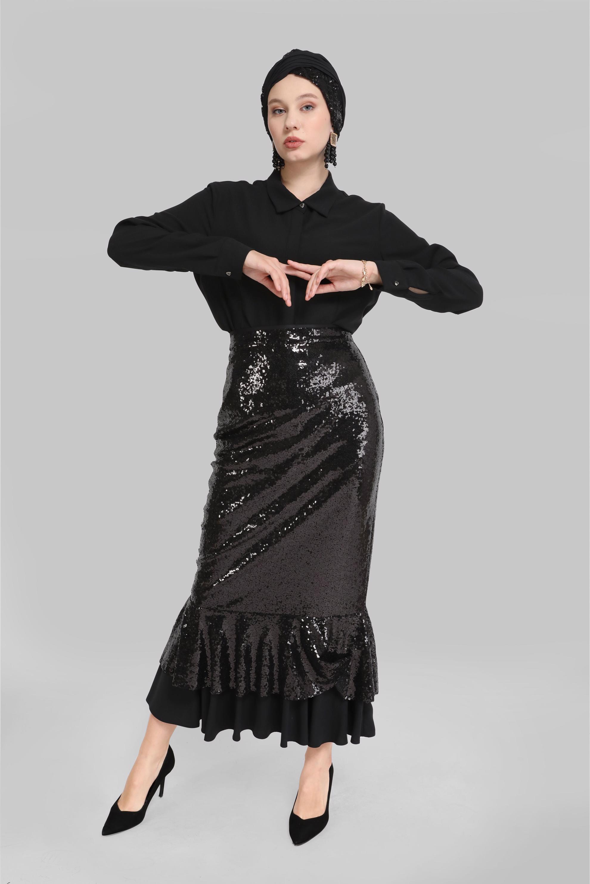 Tesettür giyim SİYAH PUL PAYET DETAYLI VOLANLI ETEK 60094 