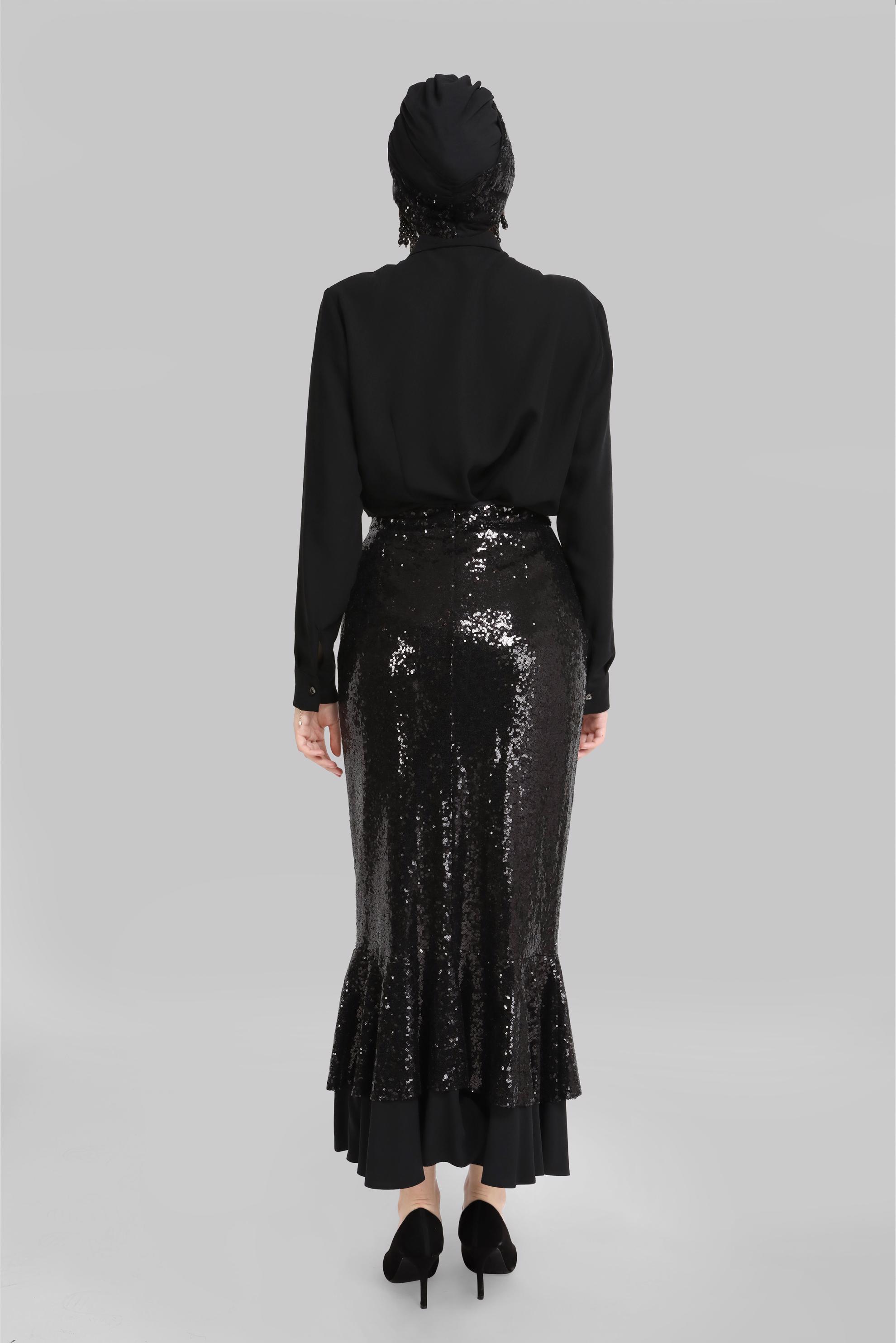 Tesettür giyim SİYAH PUL PAYET DETAYLI VOLANLI ETEK 60094 