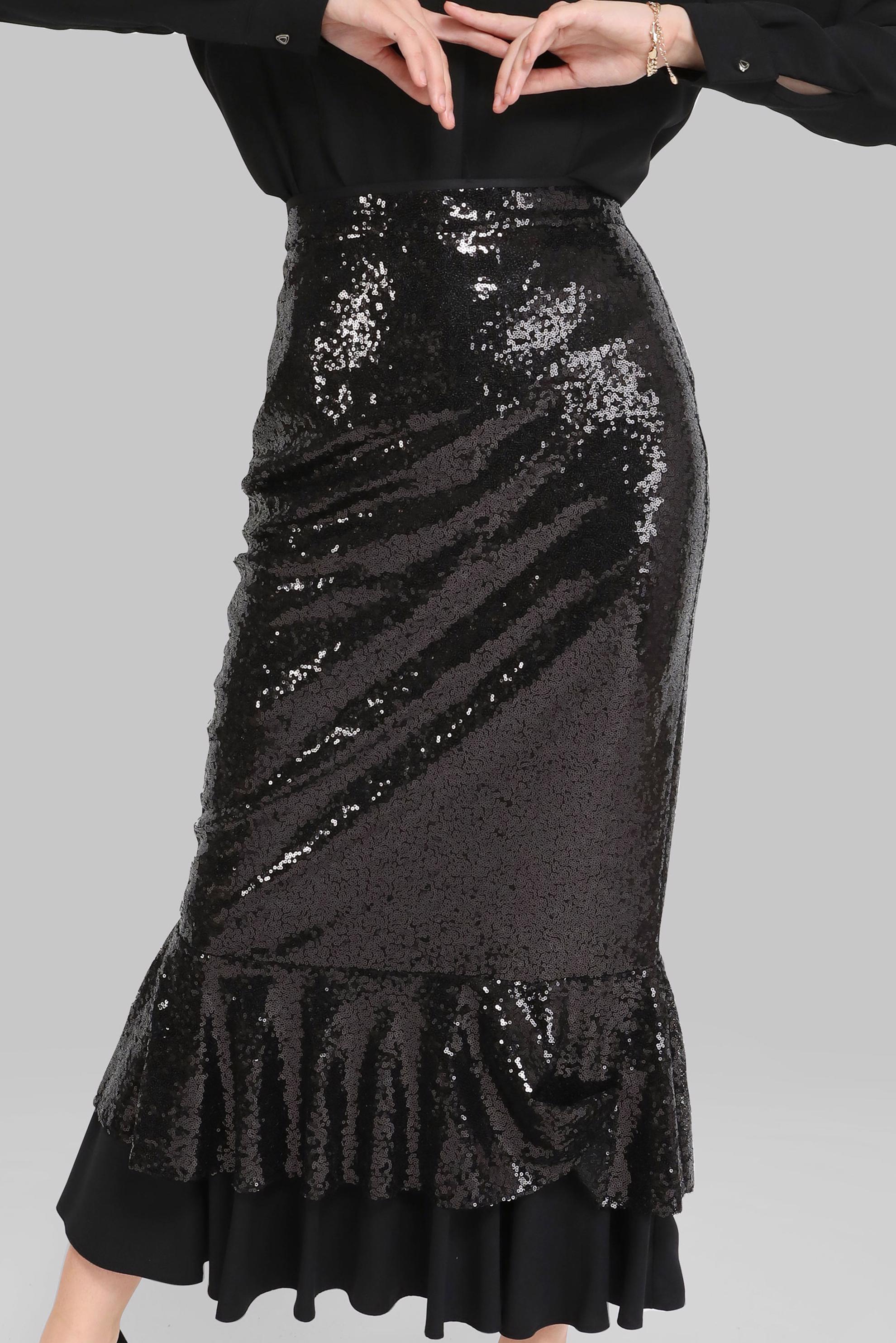 Tesettür giyim SİYAH PUL PAYET DETAYLI VOLANLI ETEK 60094 