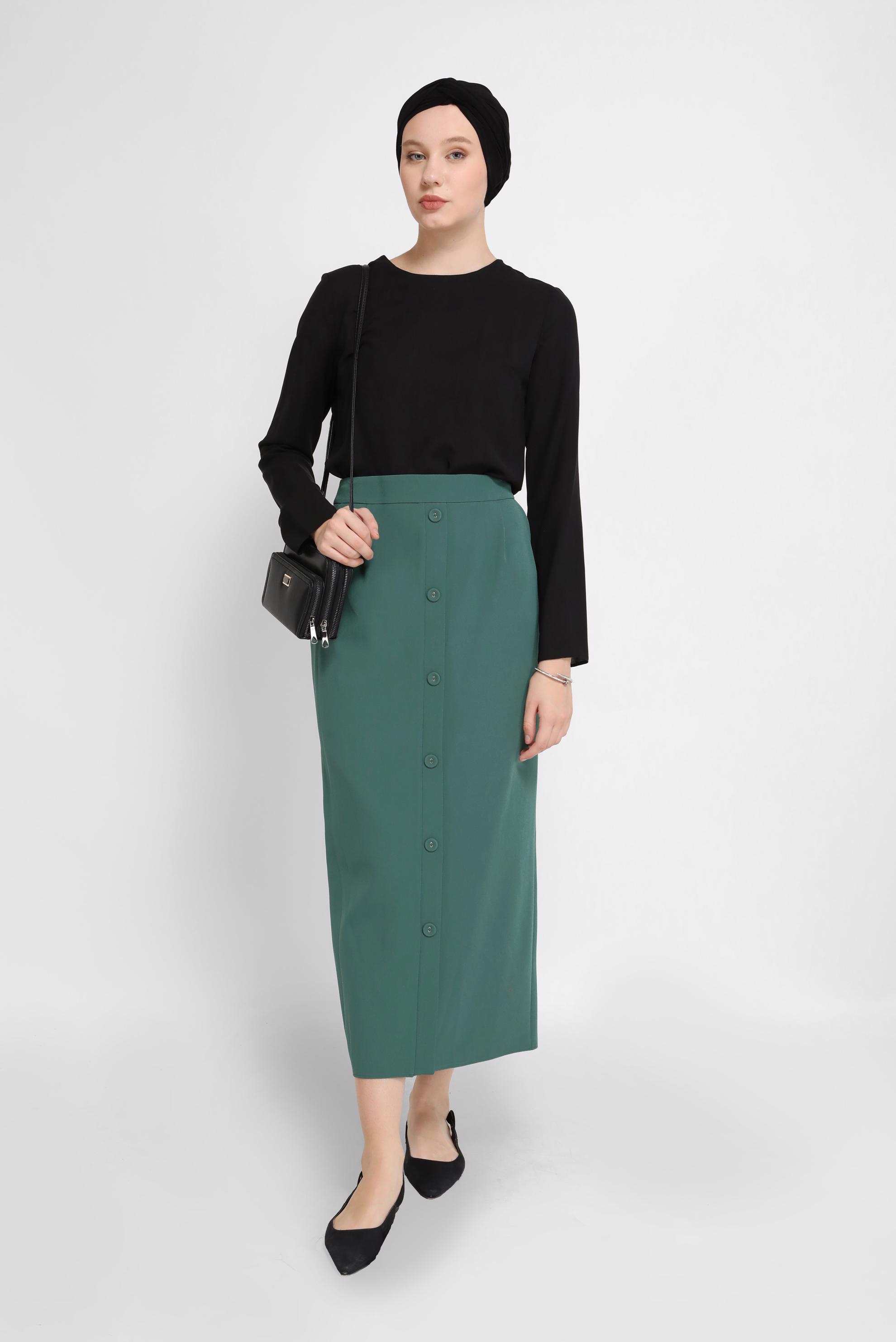 Tesettür giyim YEŞİL DÜĞMELİ ETEK 60095