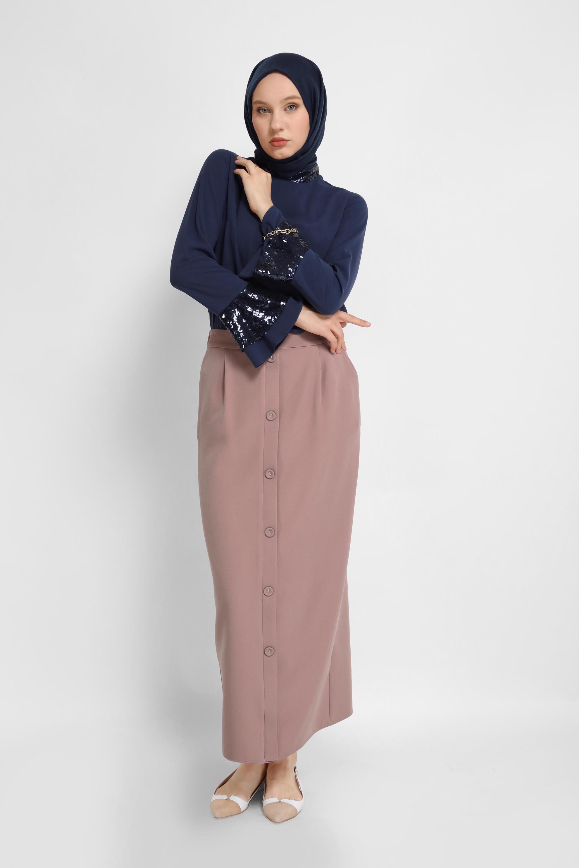Tesettür giyim PUDRA DÜĞMELİ ETEK 60095