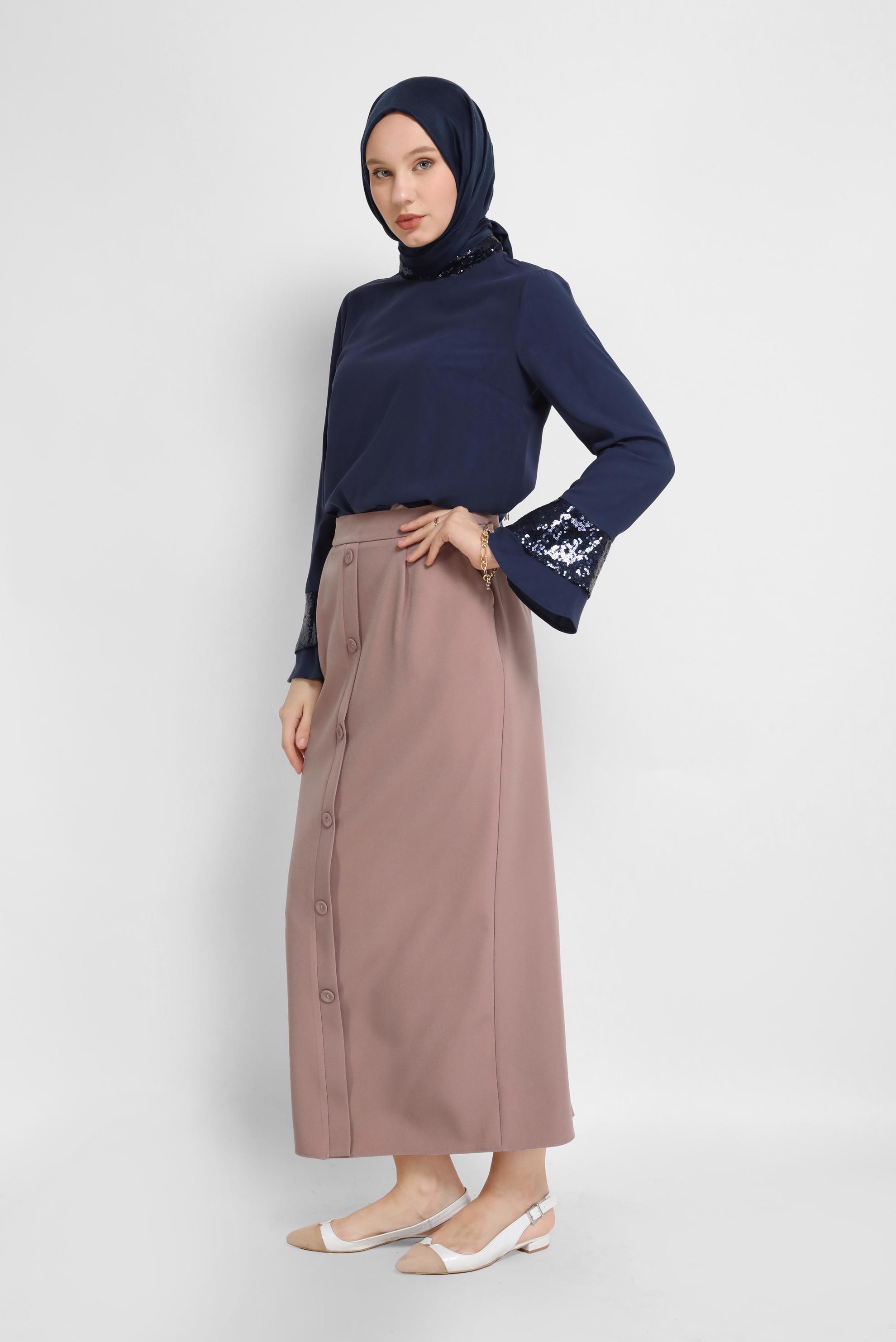 Tesettür giyim PUDRA DÜĞMELİ ETEK 60095