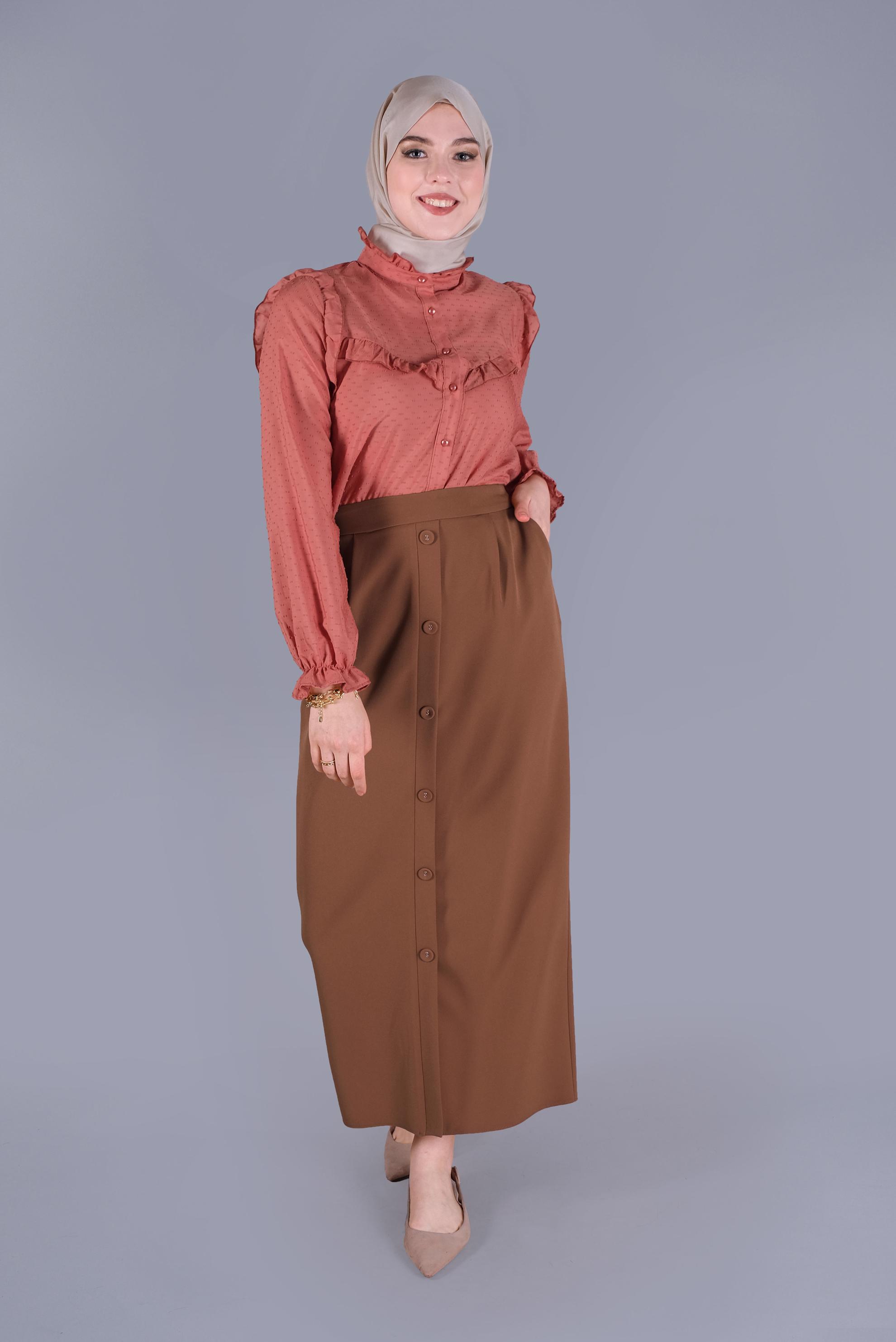 Tesettür giyim TABA DÜĞMELİ ETEK 60095