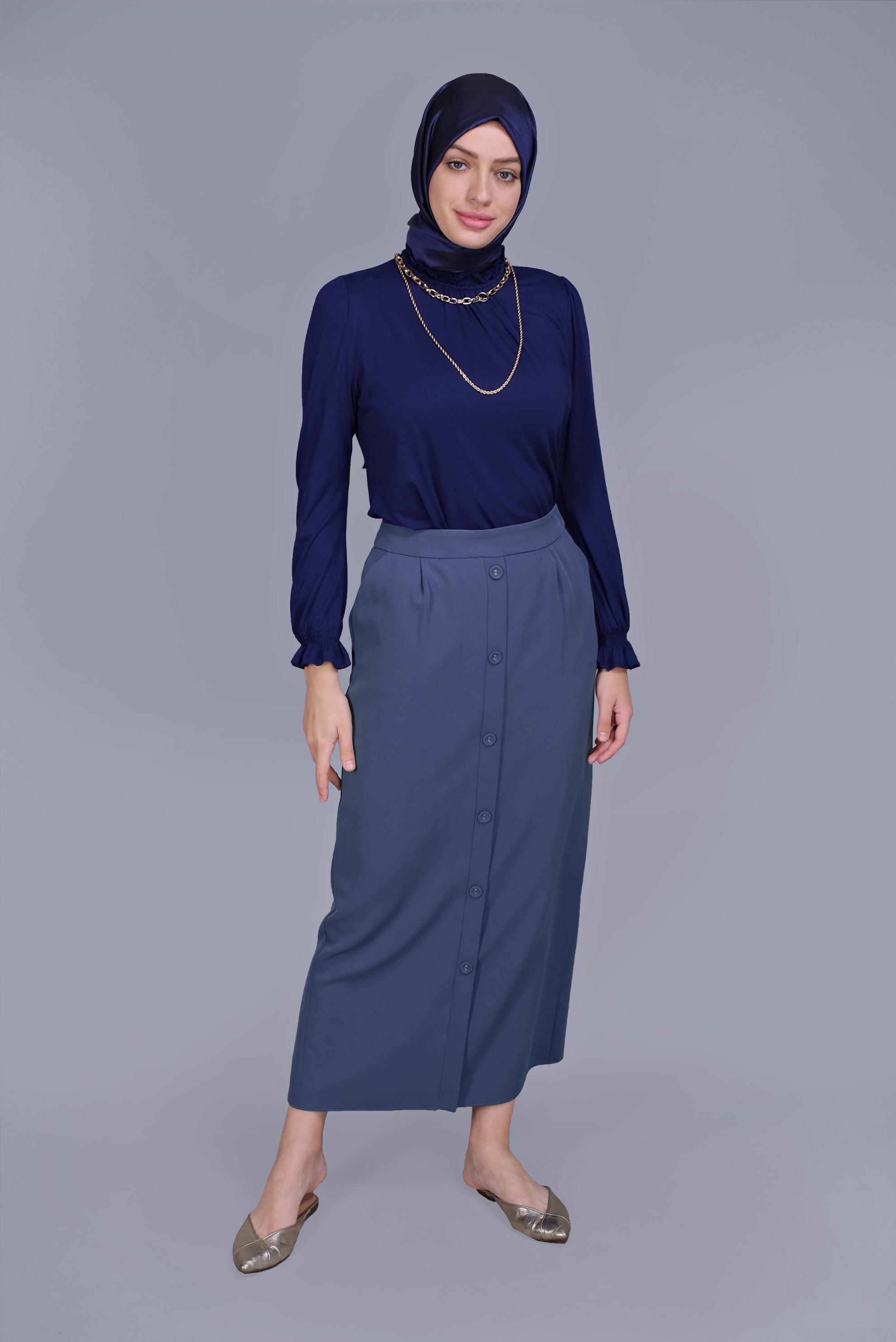 Tesettür giyim LACİVERT DÜĞMELİ ETEK 60095
