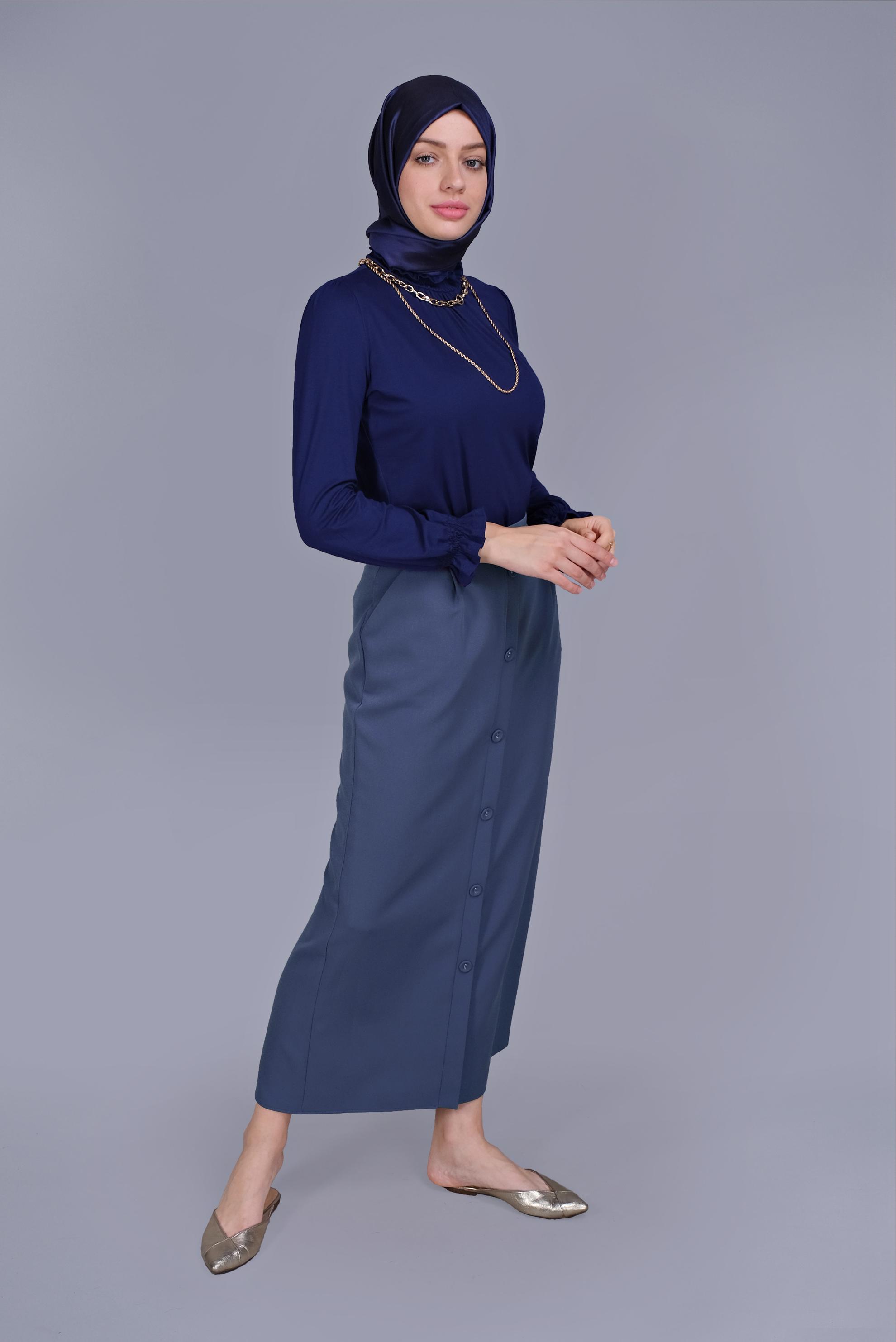 Tesettür giyim LACİVERT DÜĞMELİ ETEK 60095