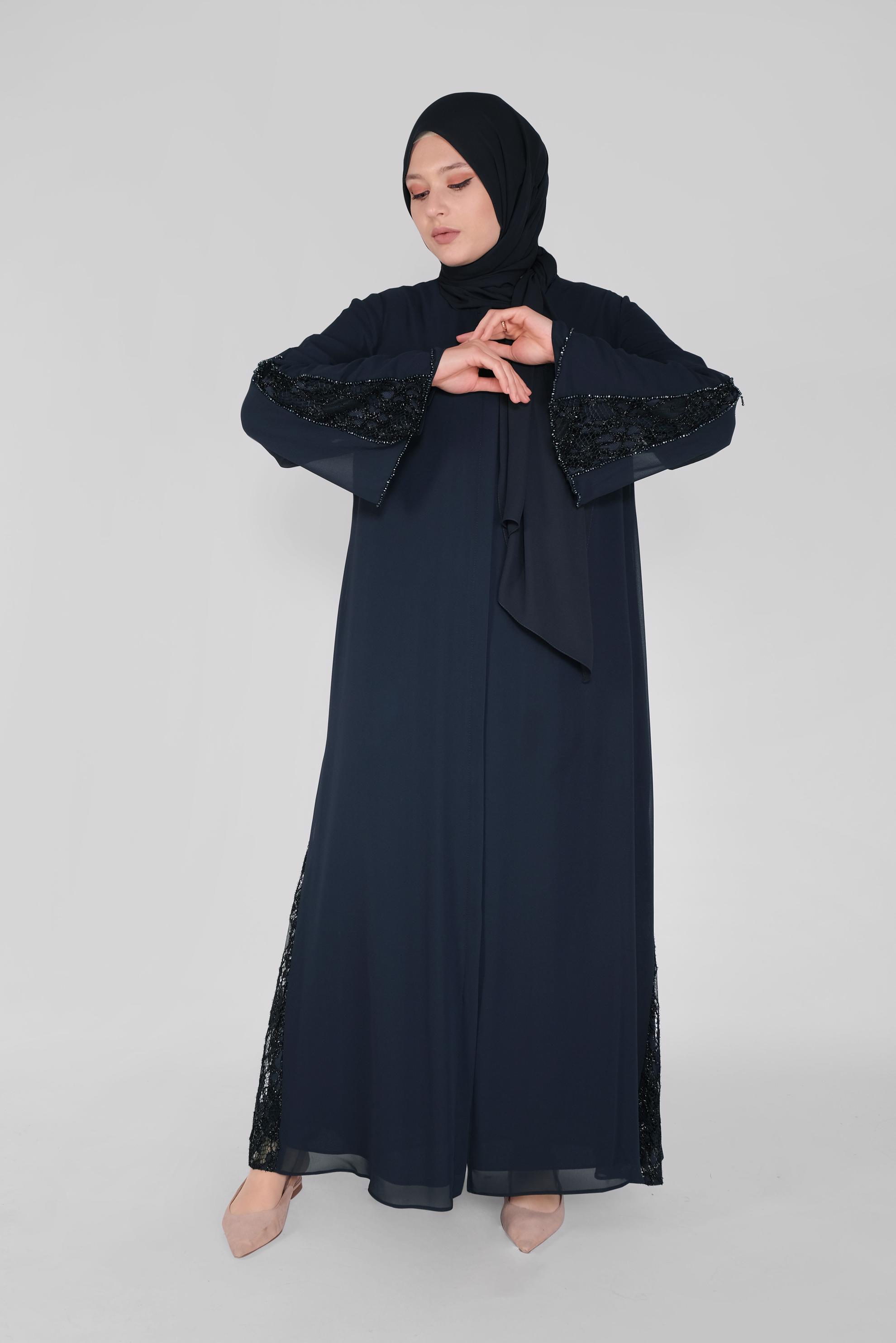 Tesettür giyim LACİVERT BONCUK İŞLEMELİ DANTELLİ GENİŞ KOL FERACE 80001 