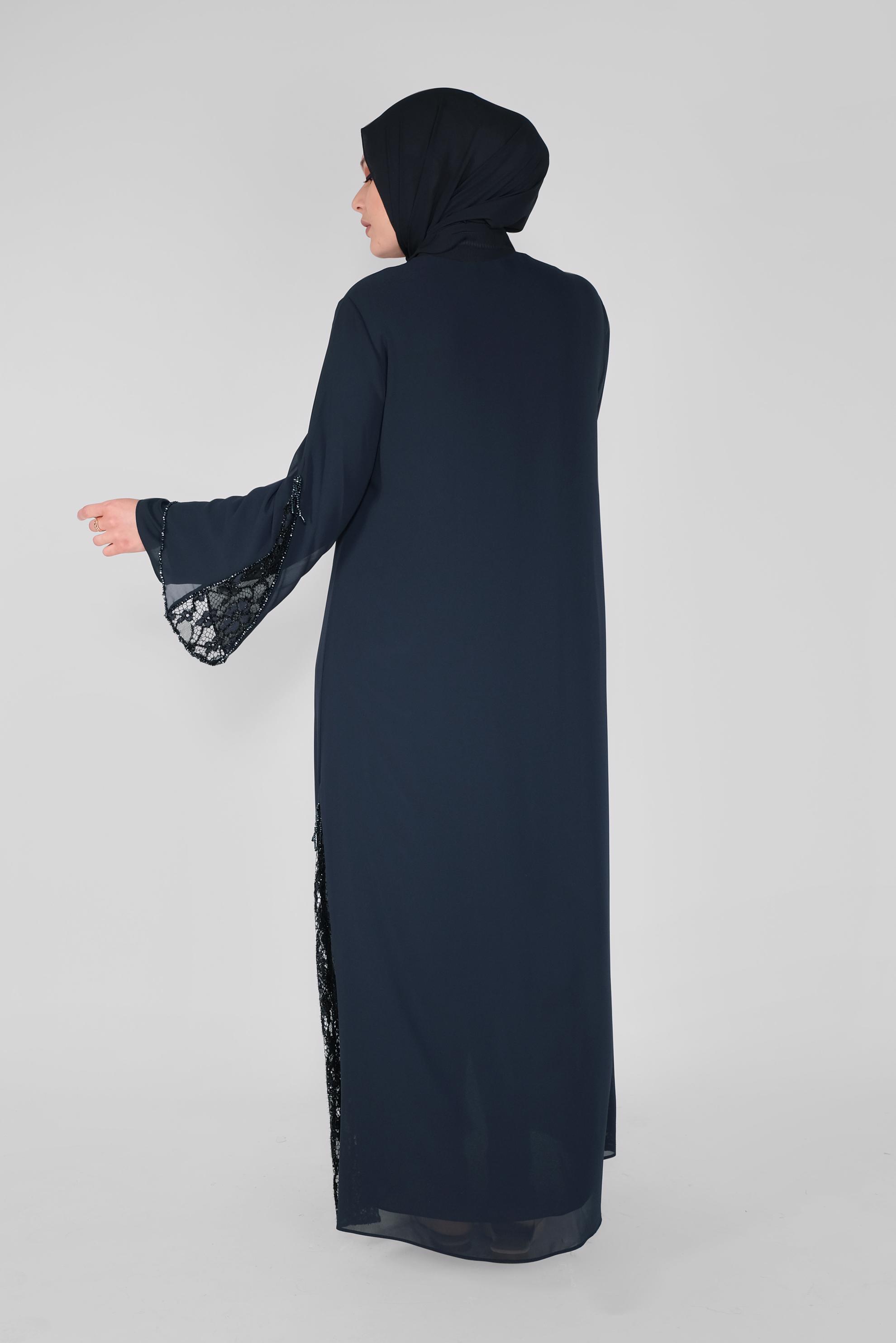 Tesettür giyim LACİVERT BONCUK İŞLEMELİ DANTELLİ GENİŞ KOL FERACE 80001 