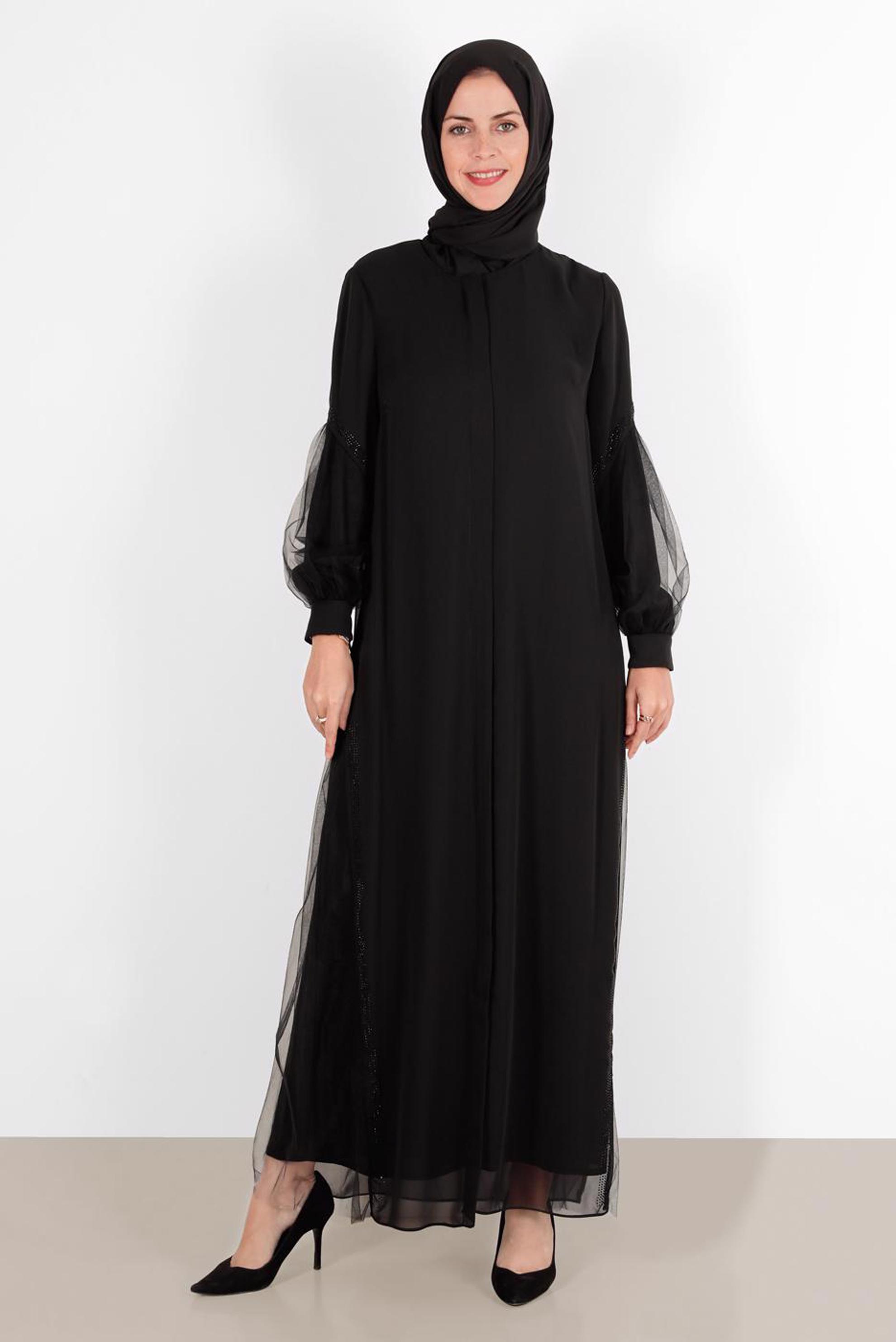 Tesettür giyim SİYAH TAŞ DETAYLI TÜLLÜ FERACE 80009