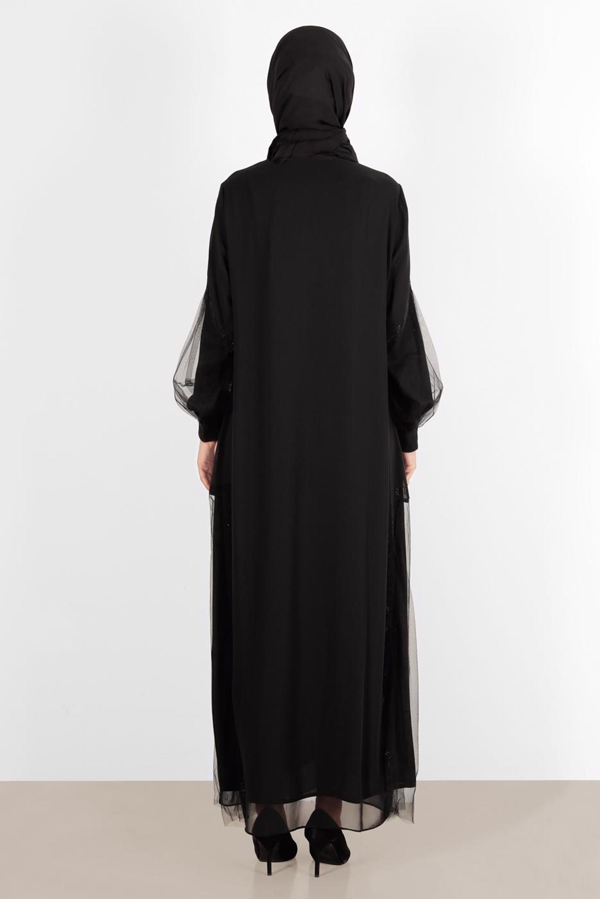 Tesettür giyim SİYAH TAŞ DETAYLI TÜLLÜ FERACE 80009