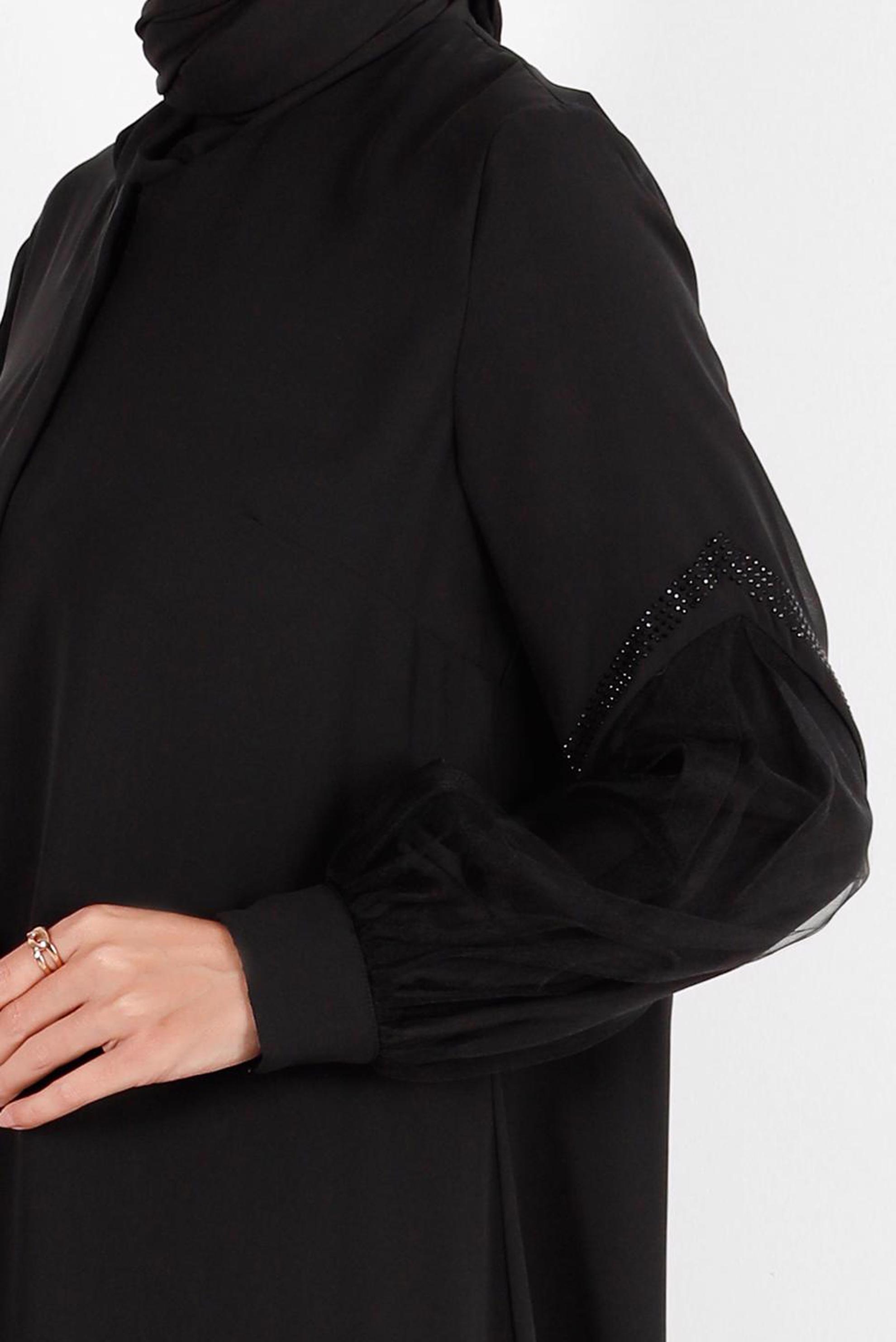 Tesettür giyim SİYAH TAŞ DETAYLI TÜLLÜ FERACE 80009