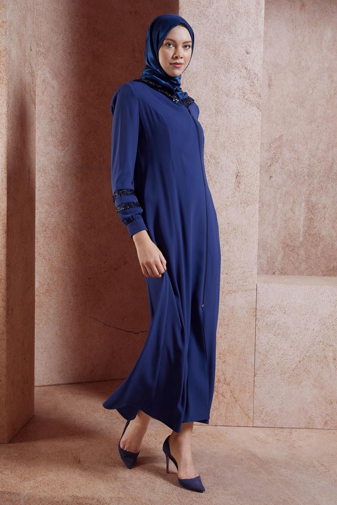 Vêtements hijab BLEU ABAYA À CAPUCHE À PAILLETTES 80010 - ALVİNA