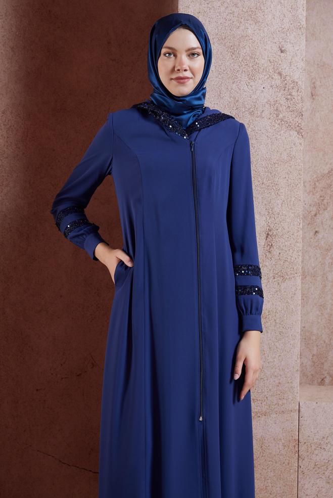 Vêtements hijab BLEU ABAYA À CAPUCHE À PAILLETTES 80010 - ALVİNA