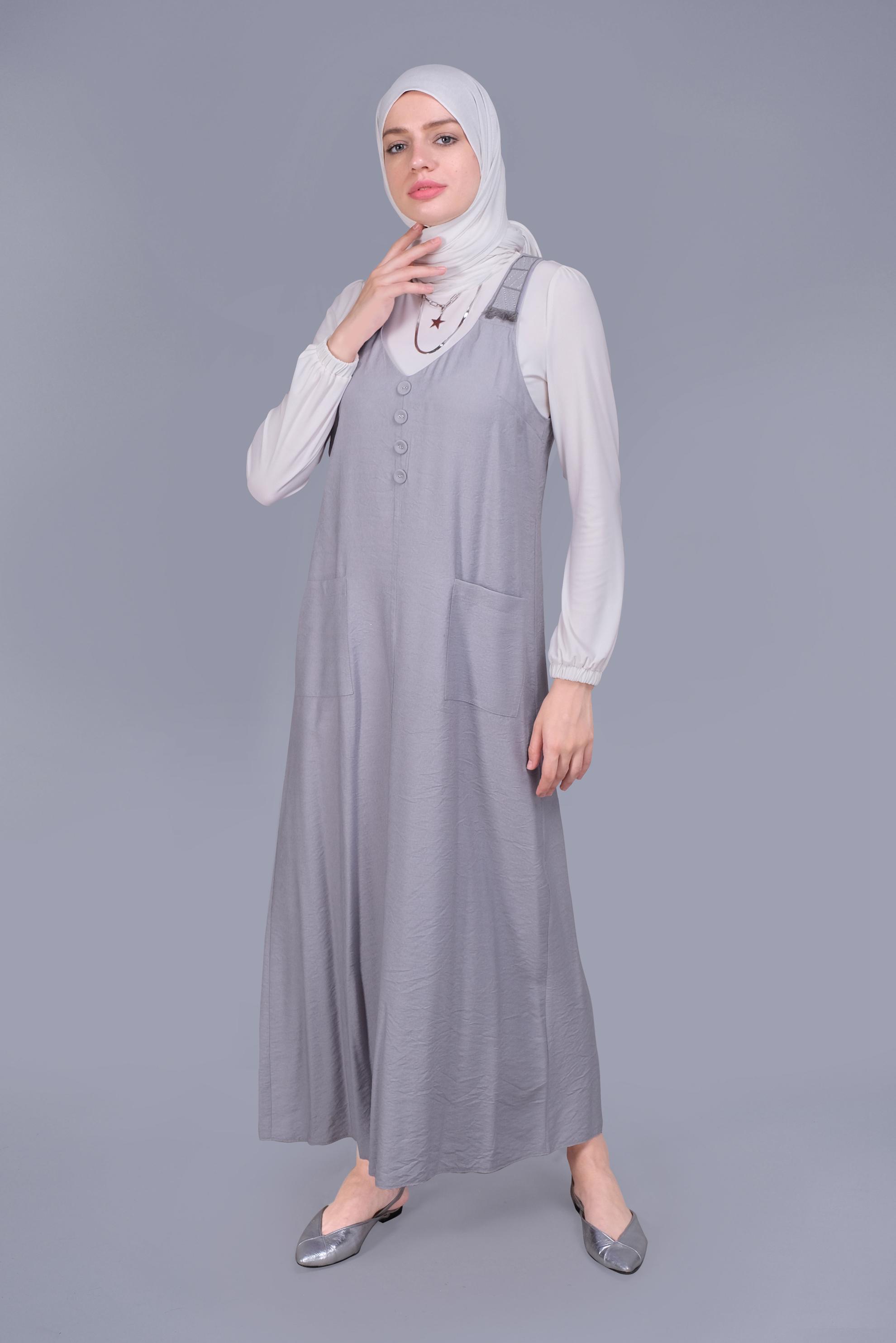Tesettür giyim GRİ PÜSKÜL DETAYLI CEPLİ JİLE 40781 