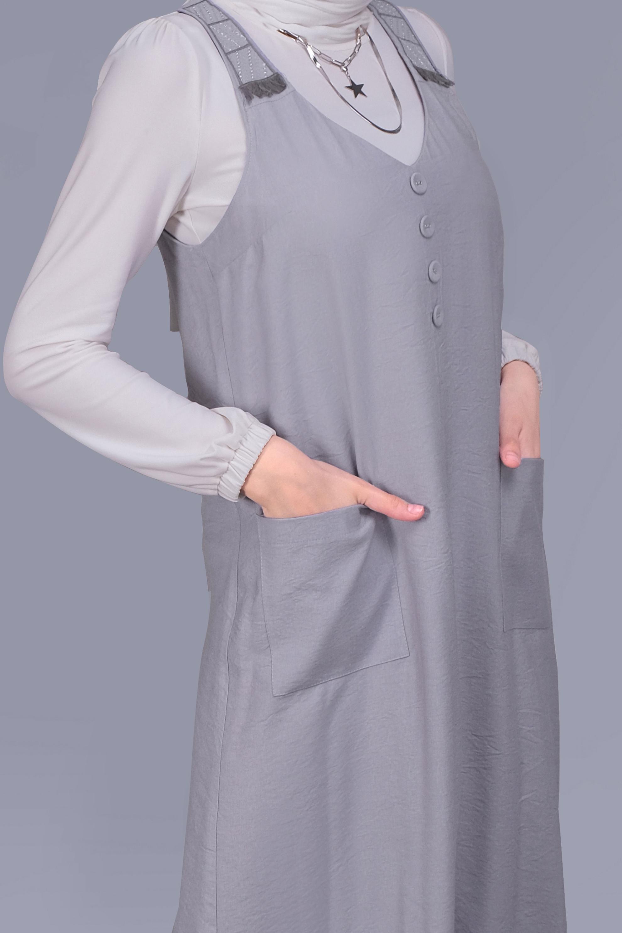 Tesettür giyim GRİ PÜSKÜL DETAYLI CEPLİ JİLE 40781 