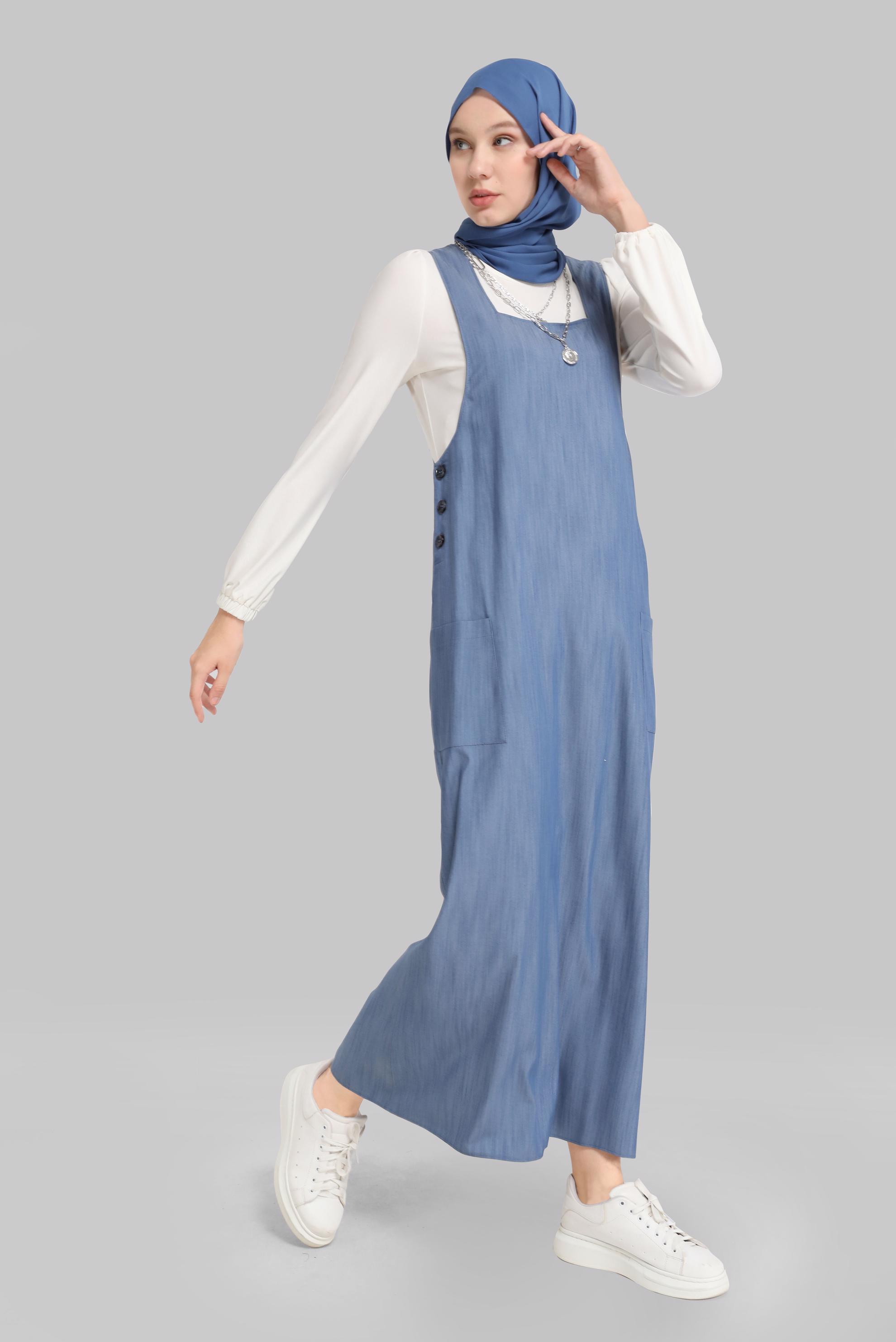 Hijab clothing NAVY BLUE BUTTONED ON SIDES DENIM LOOKING GILET 40782 