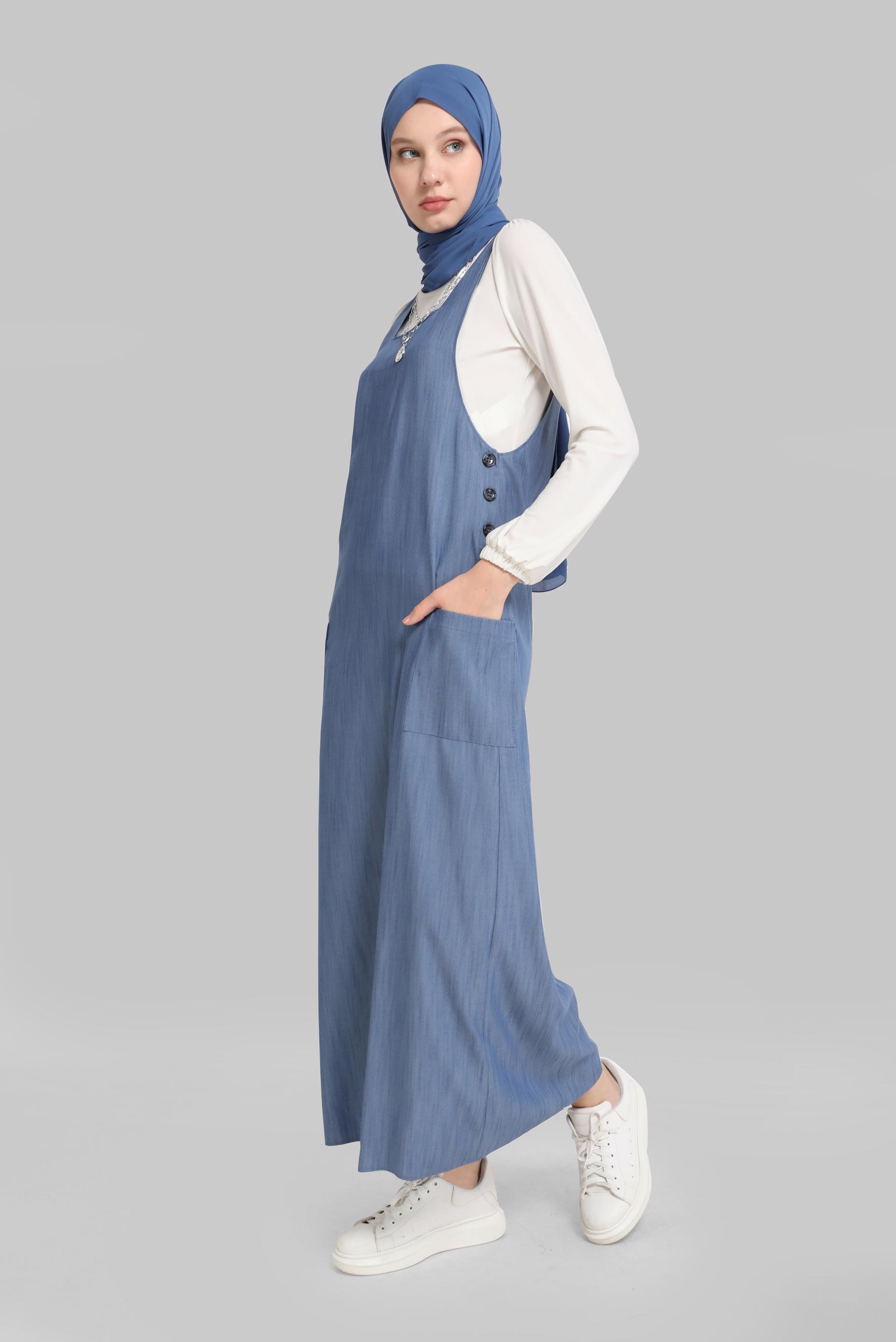 Hijab clothing NAVY BLUE BUTTONED ON SIDES DENIM LOOKING GILET 40782 