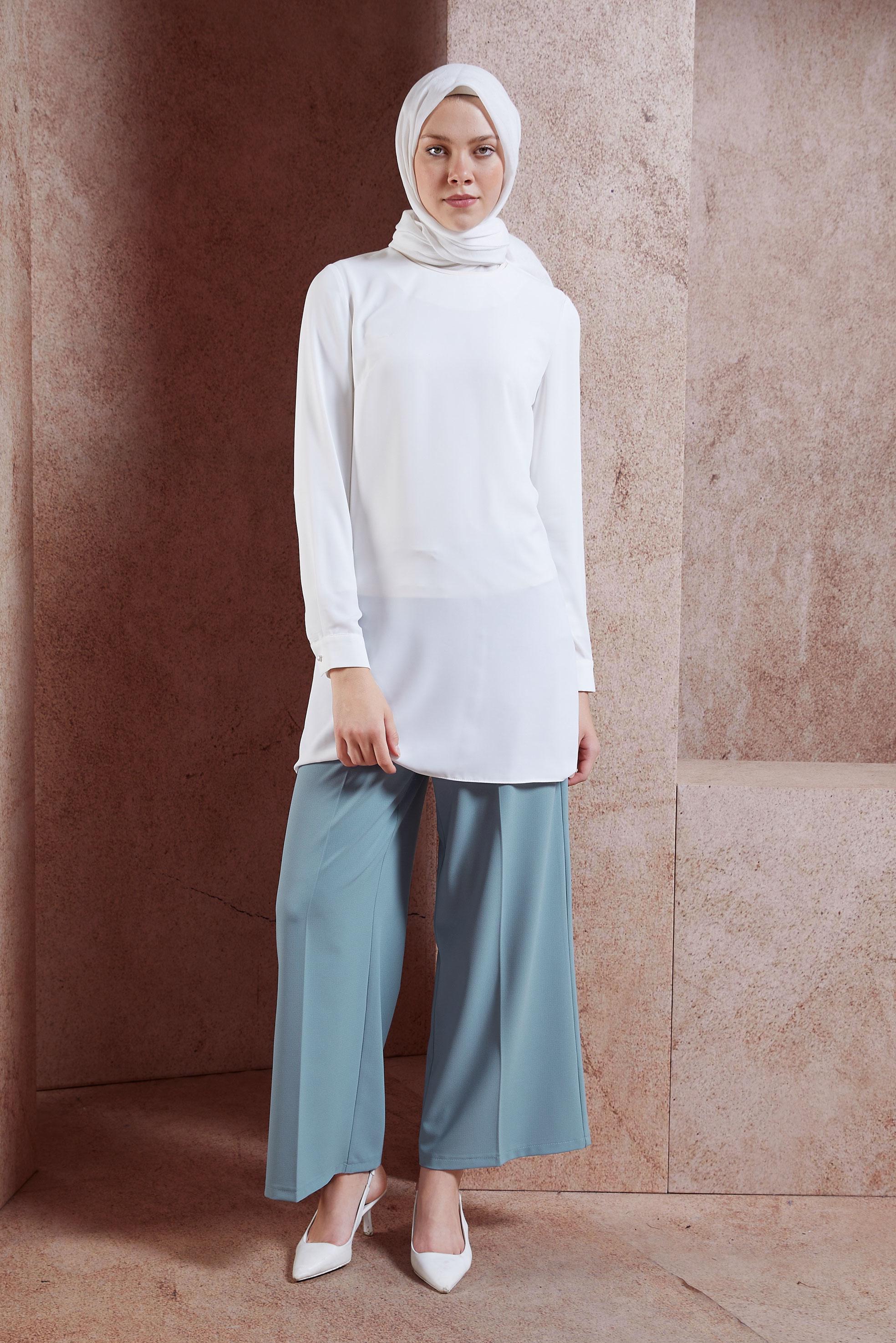 Tesettür giyim MAVİ DÜĞMELİ KUMAŞ PANTOLON 70053