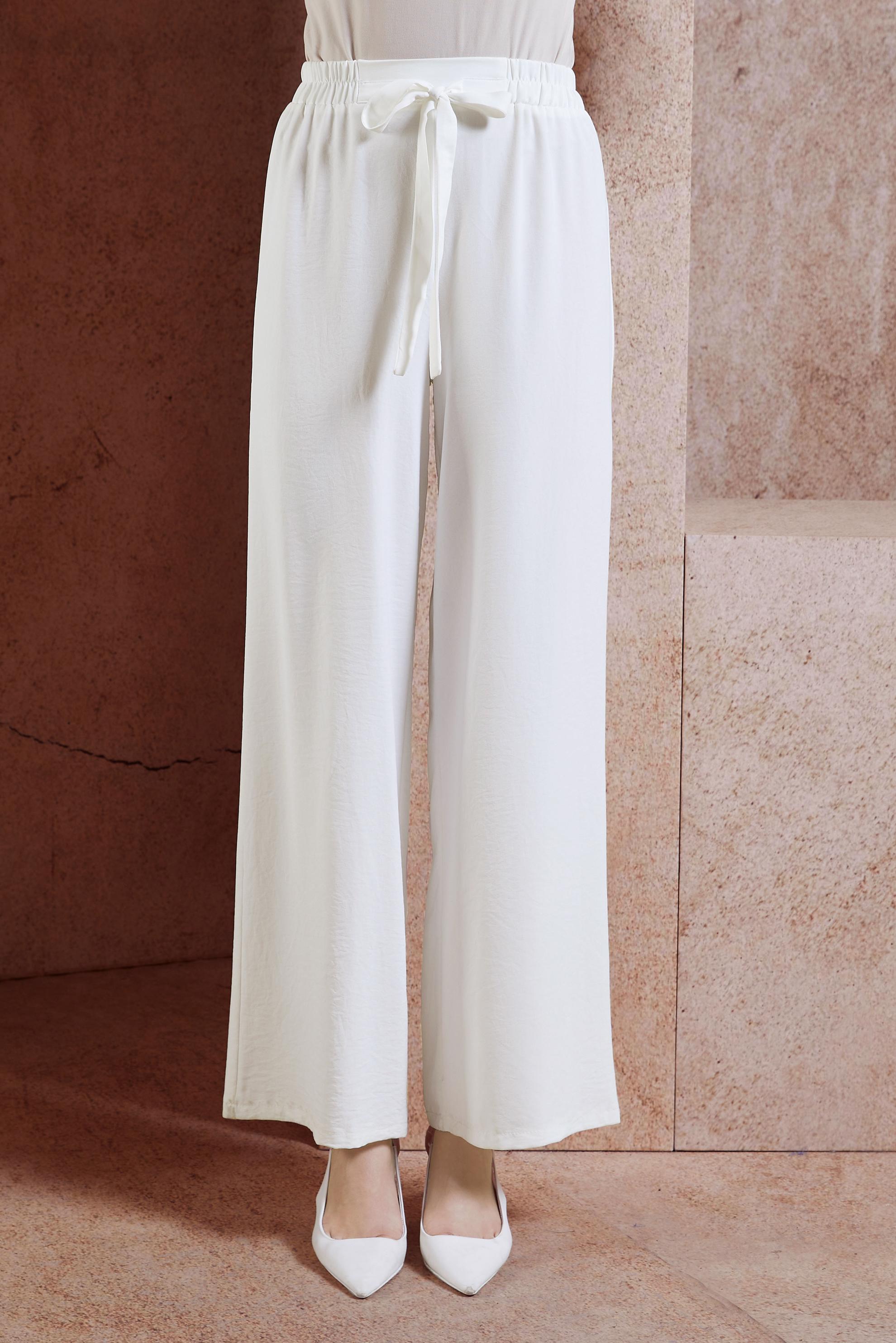 Tesettür giyim BEYAZ BELİ LASTİKLİ KUŞAKLI PANTOLON 70077