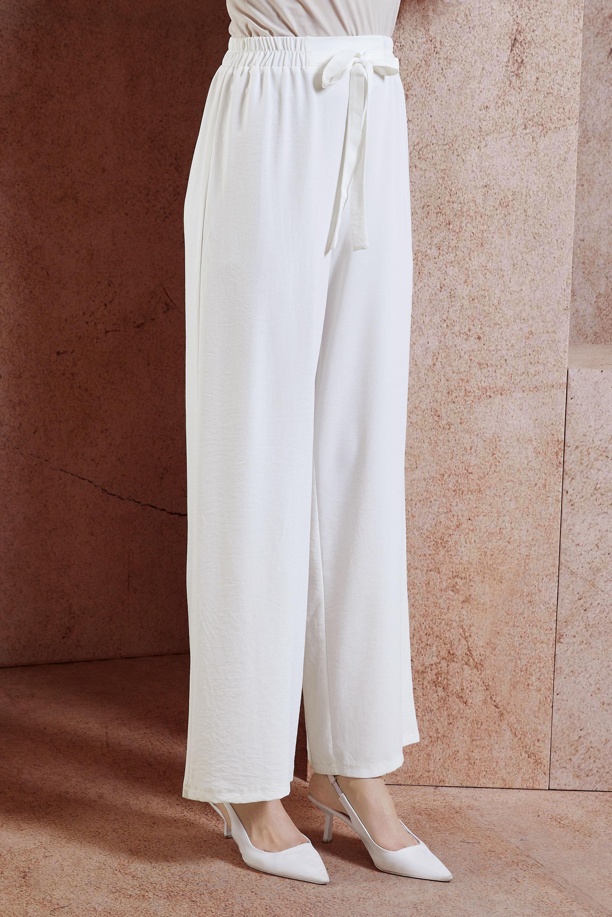 Tesettür giyim BEYAZ BELİ LASTİKLİ KUŞAKLI PANTOLON 70077