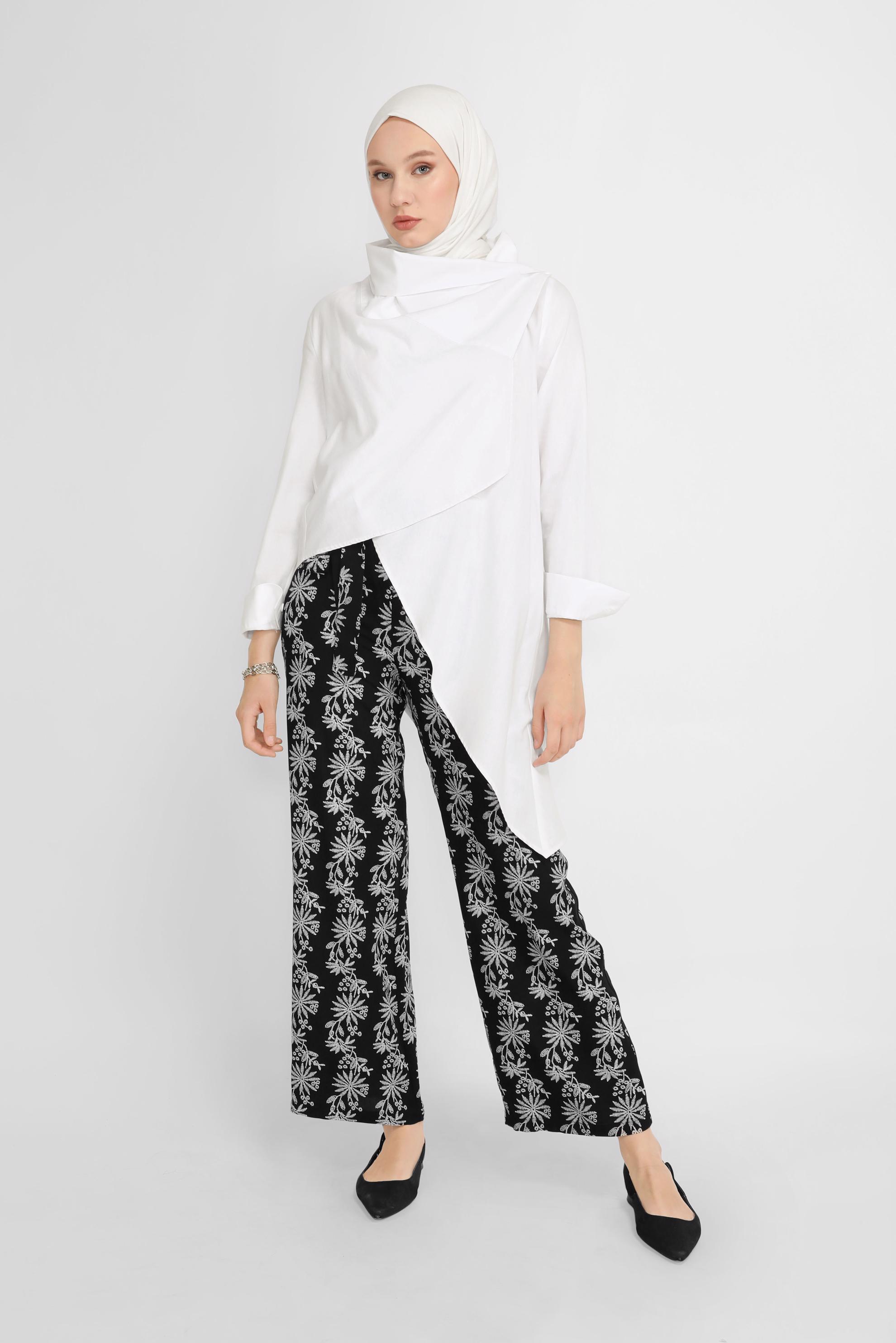 Tesettür giyim SİYAH NAKIŞLI KUŞAKLI PANTOLON 70107