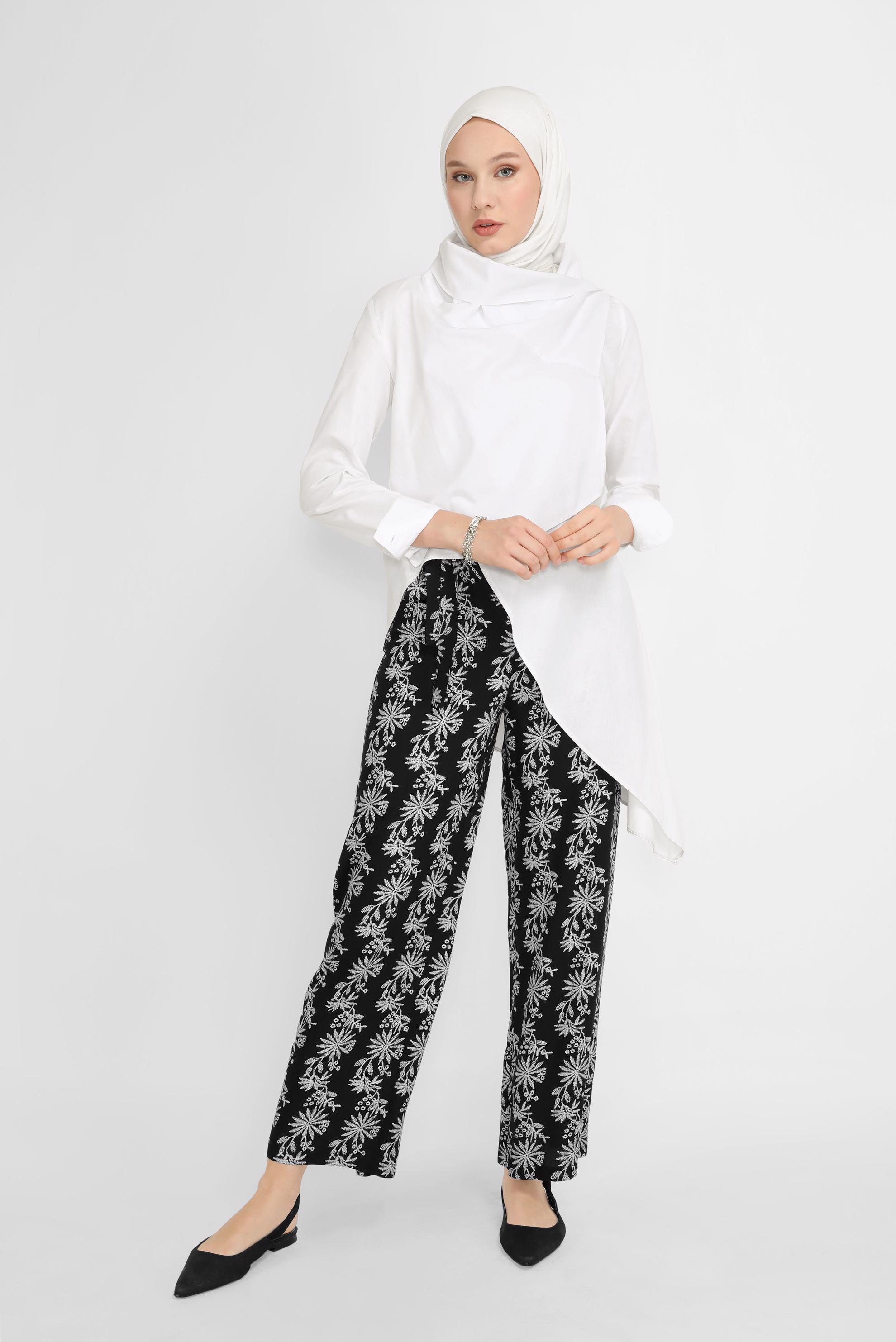 Tesettür giyim SİYAH NAKIŞLI KUŞAKLI PANTOLON 70107