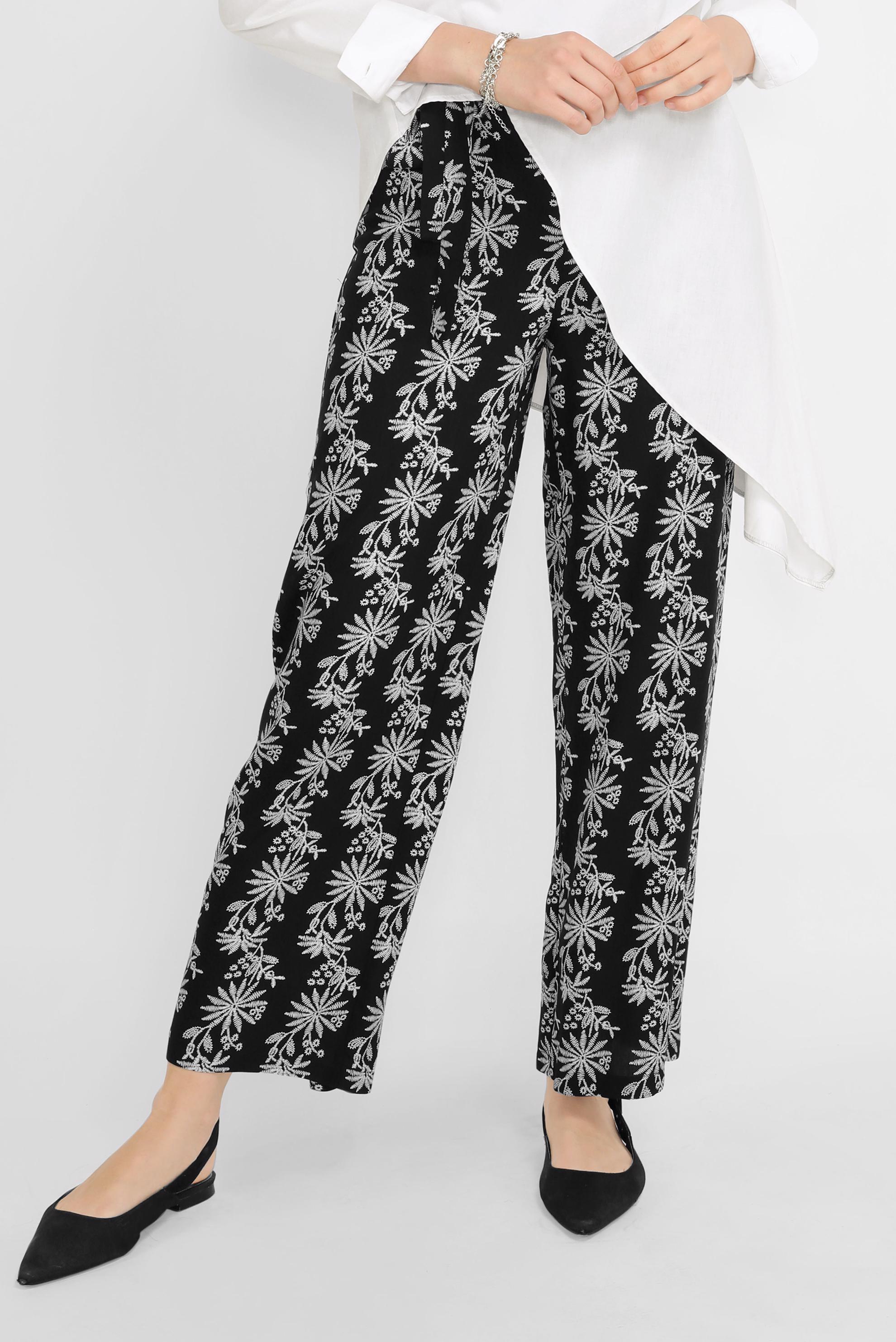 Tesettür giyim SİYAH NAKIŞLI KUŞAKLI PANTOLON 70107