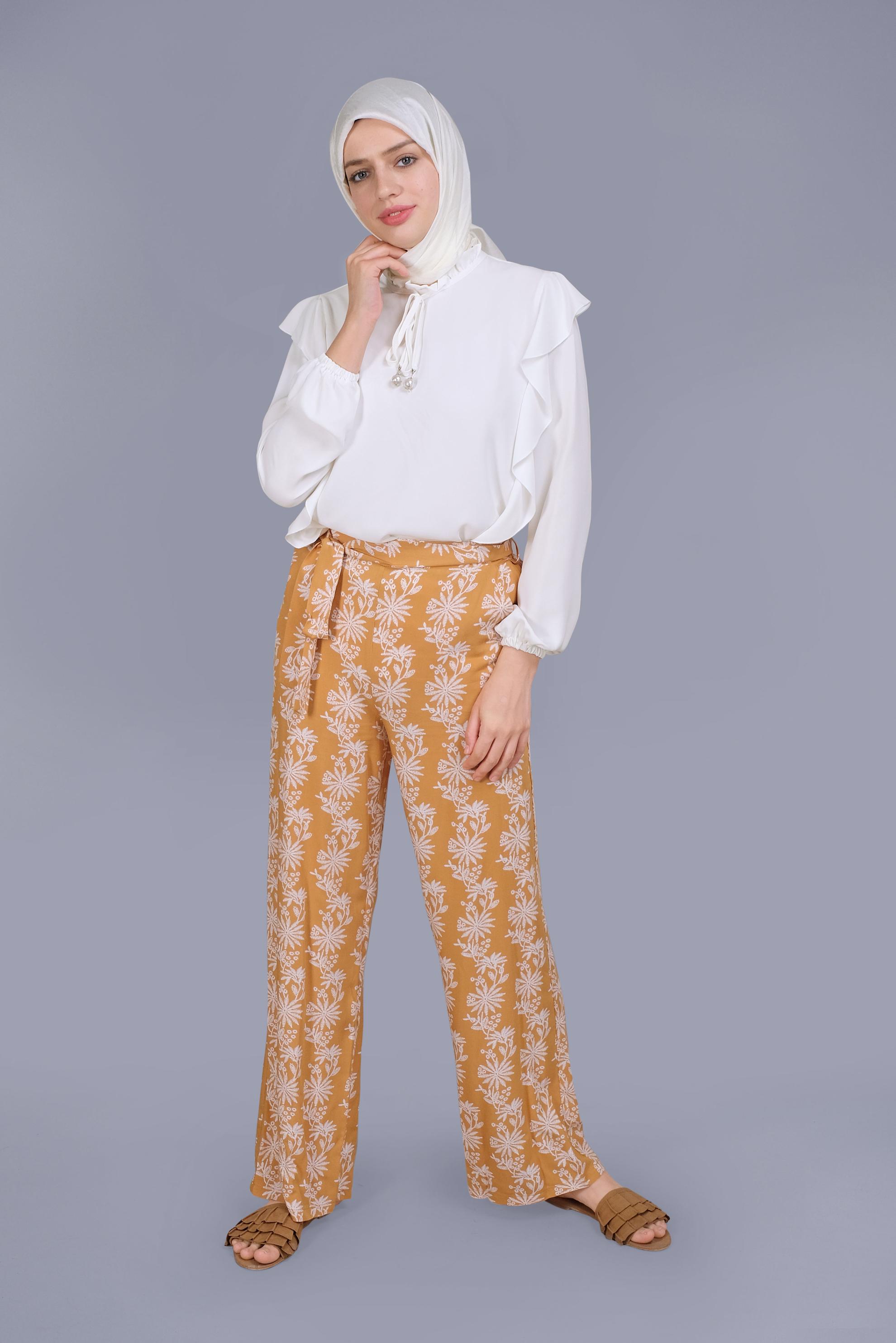 Tesettür giyim SARI NAKIŞLI KUŞAKLI PANTOLON 70107