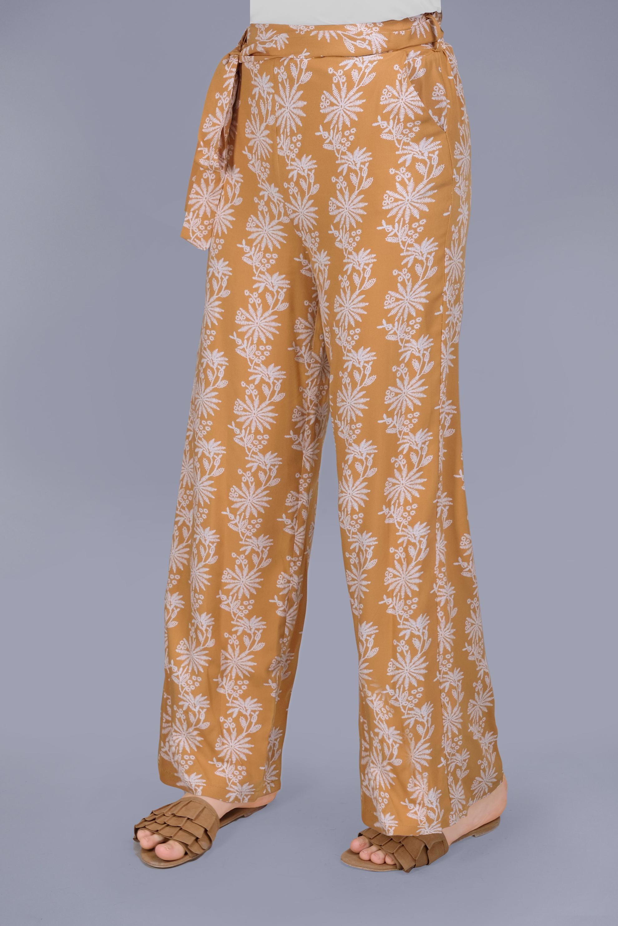 Tesettür giyim SARI NAKIŞLI KUŞAKLI PANTOLON 70107