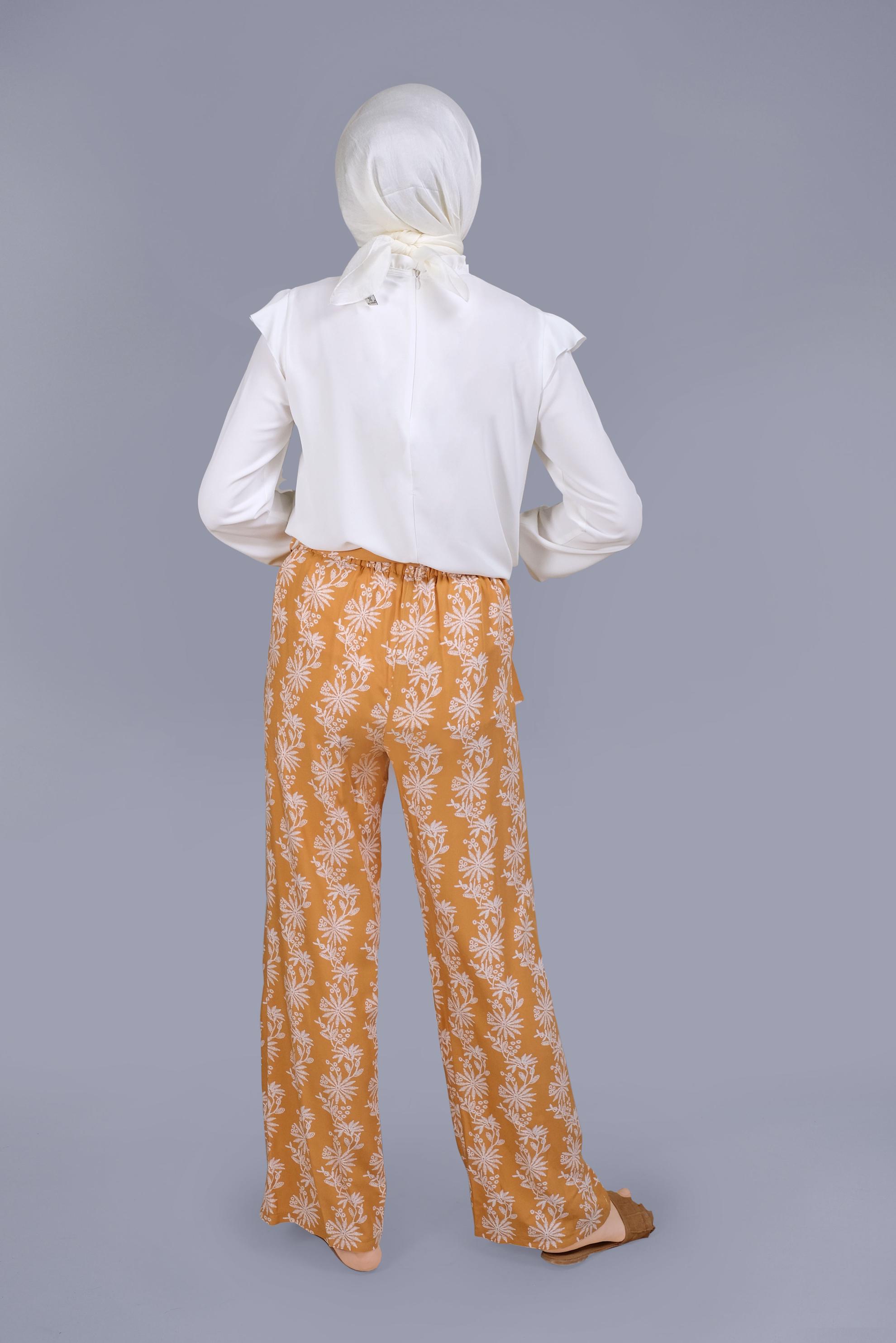 Tesettür giyim SARI NAKIŞLI KUŞAKLI PANTOLON 70107