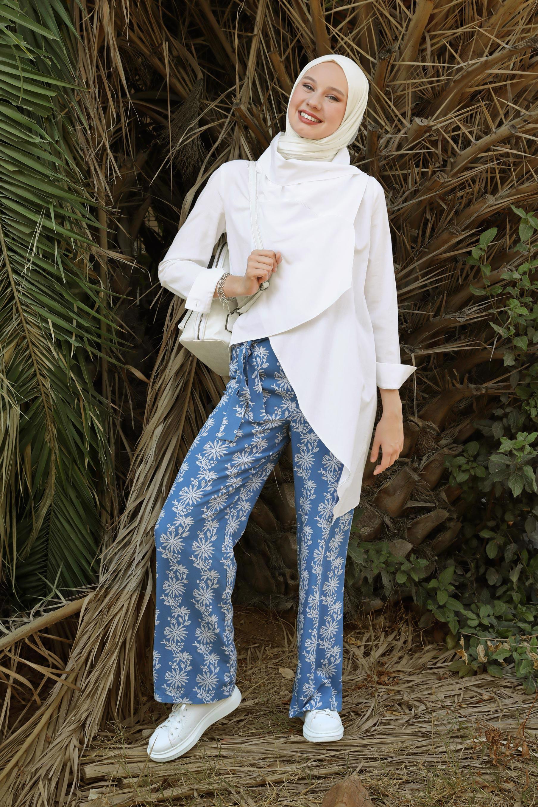 Tesettür giyim LACİVERT NAKIŞLI KUŞAKLI PANTOLON 70107