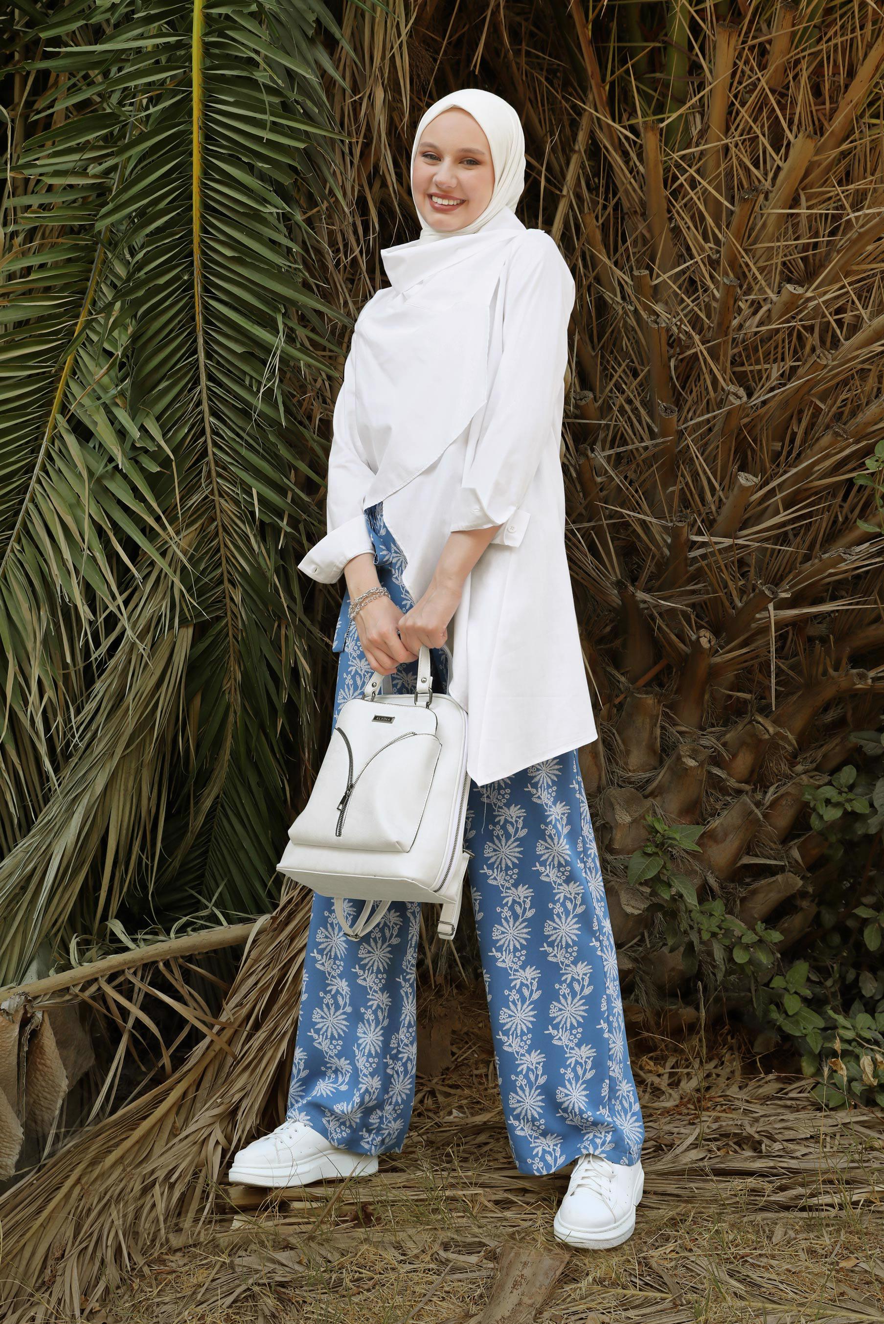 Tesettür giyim LACİVERT NAKIŞLI KUŞAKLI PANTOLON 70107