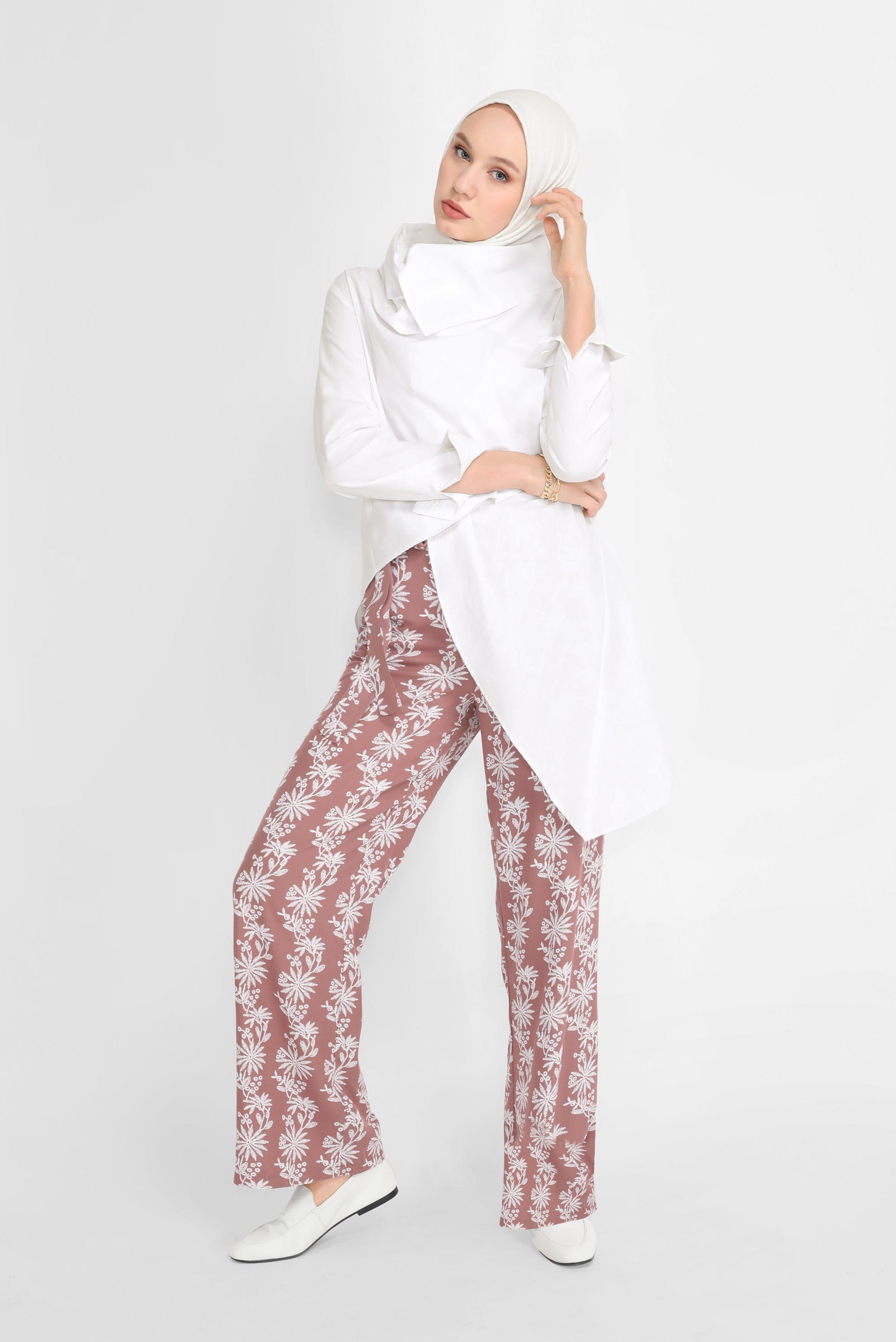 Tesettür giyim PEMBE NAKIŞLI KUŞAKLI PANTOLON 70107