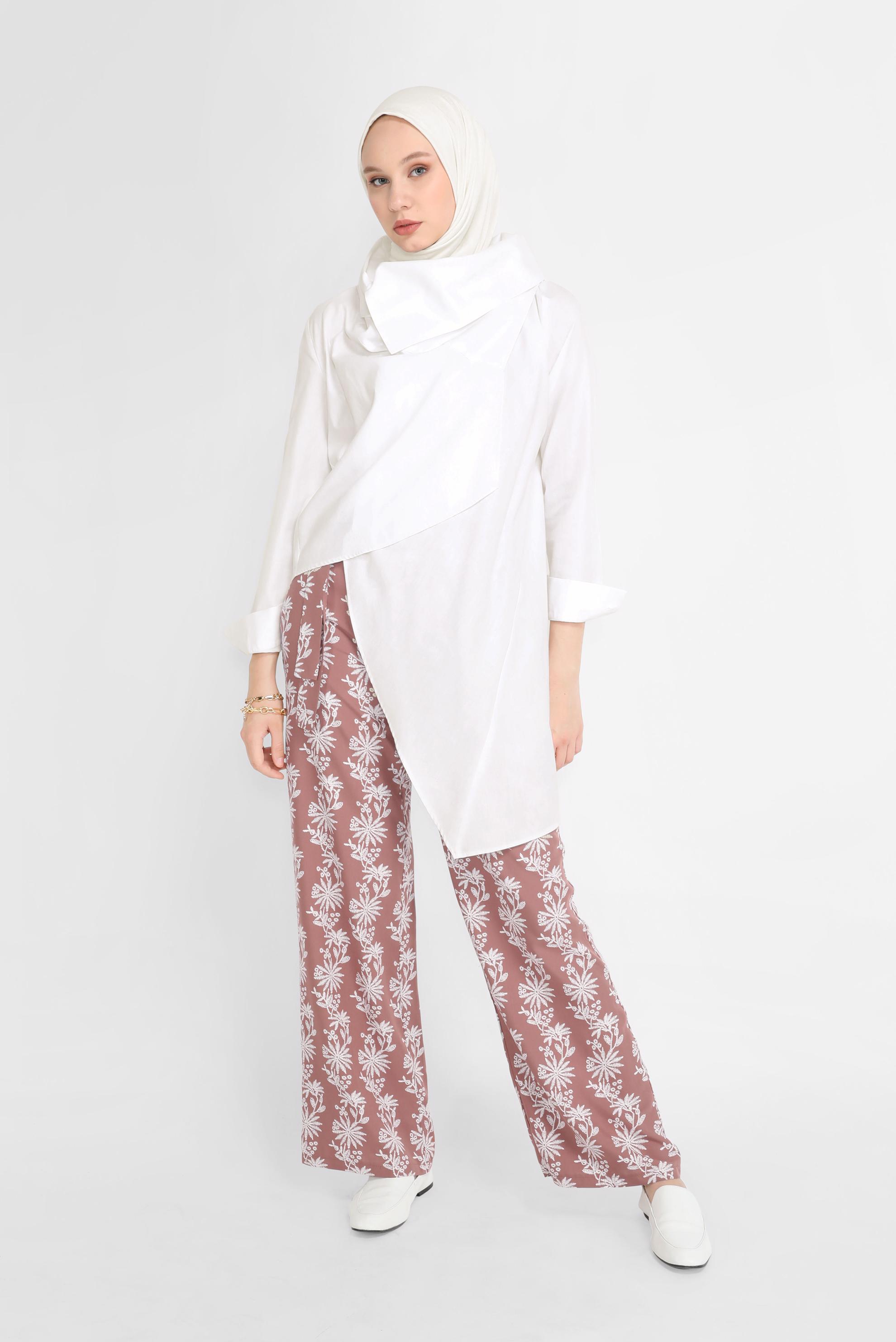 Tesettür giyim PEMBE NAKIŞLI KUŞAKLI PANTOLON 70107