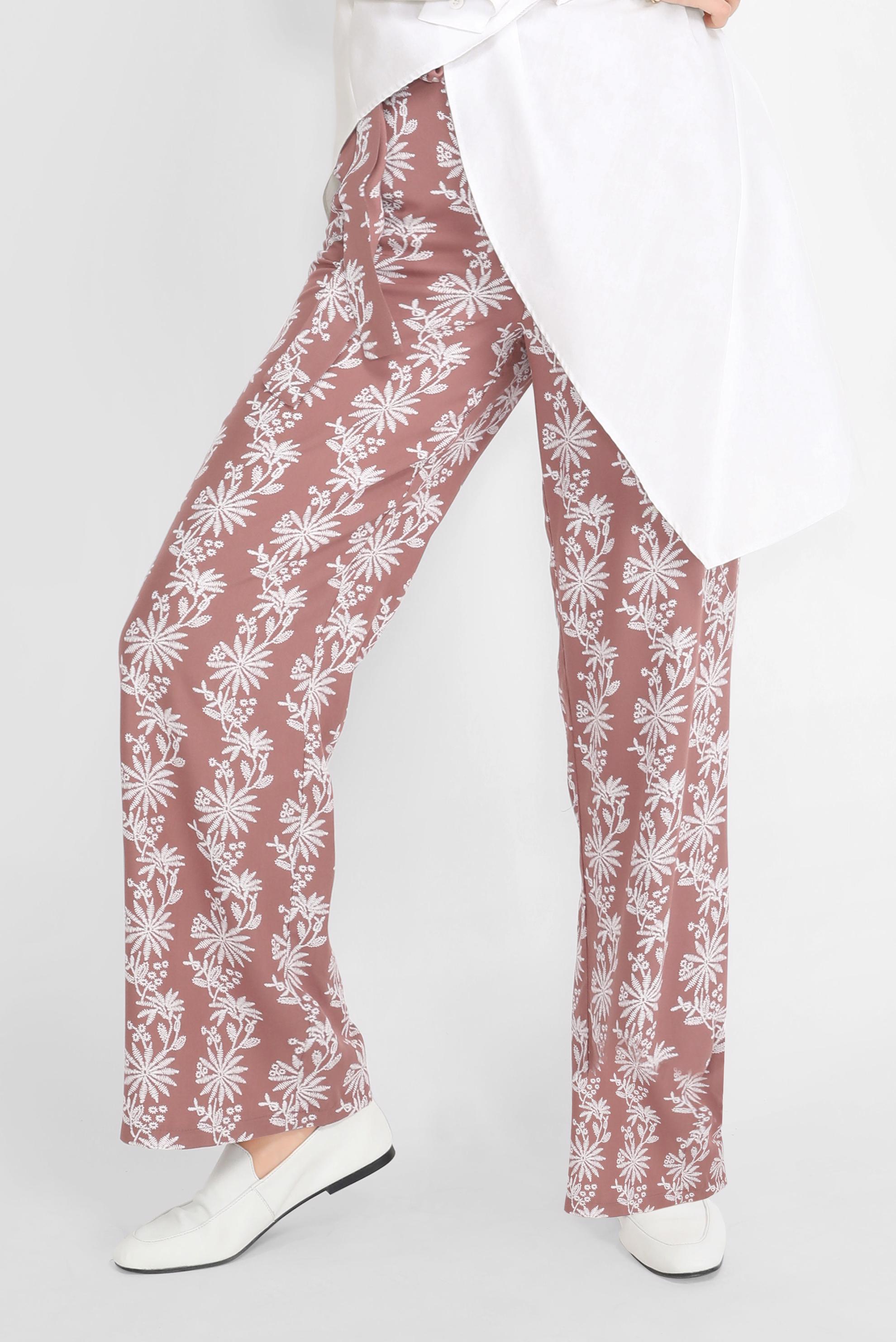 Tesettür giyim PEMBE NAKIŞLI KUŞAKLI PANTOLON 70107