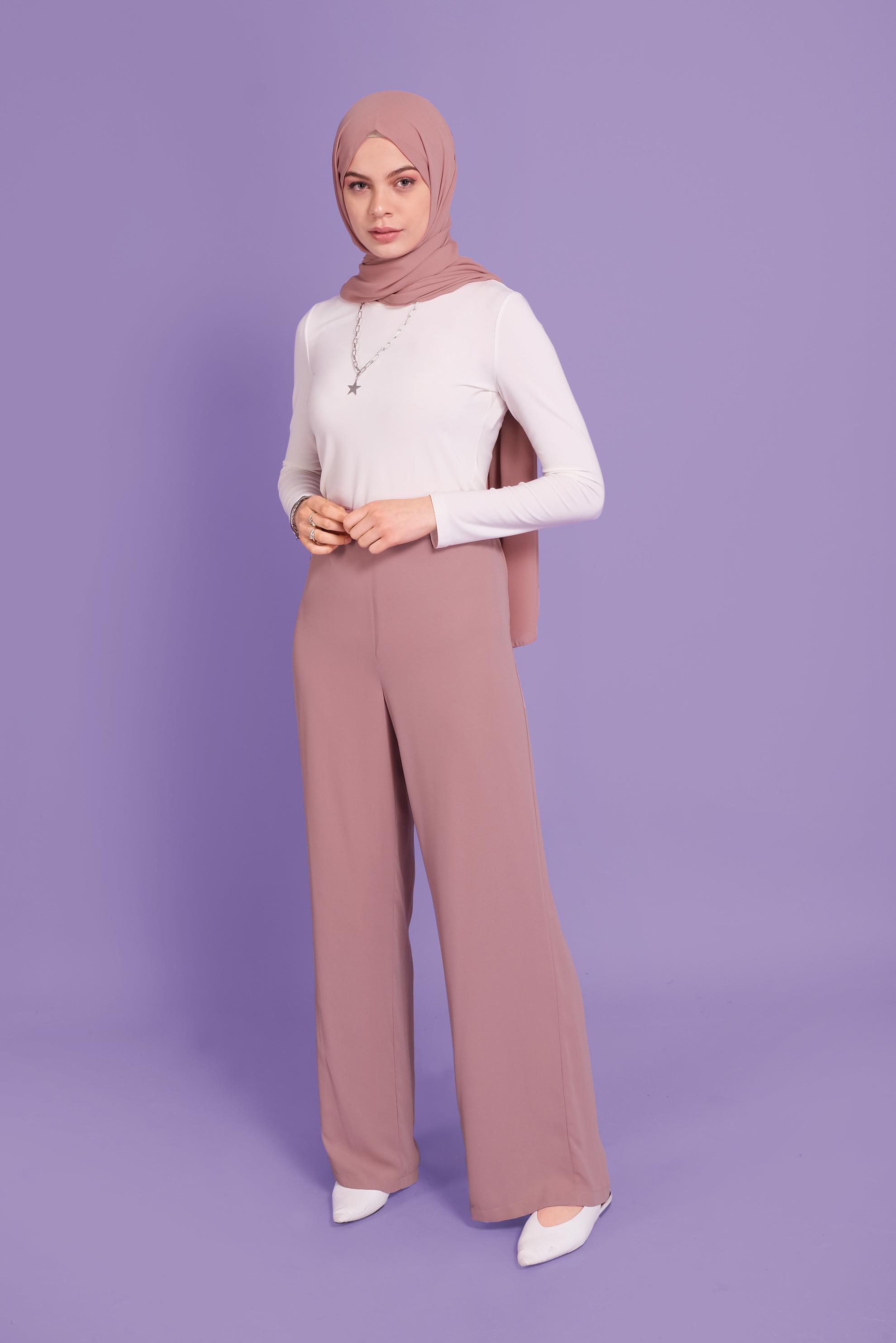 Tesettür giyim PUDRA BELİ LASTİKLİ GENİŞ PAÇA  PANTOLON 70211 