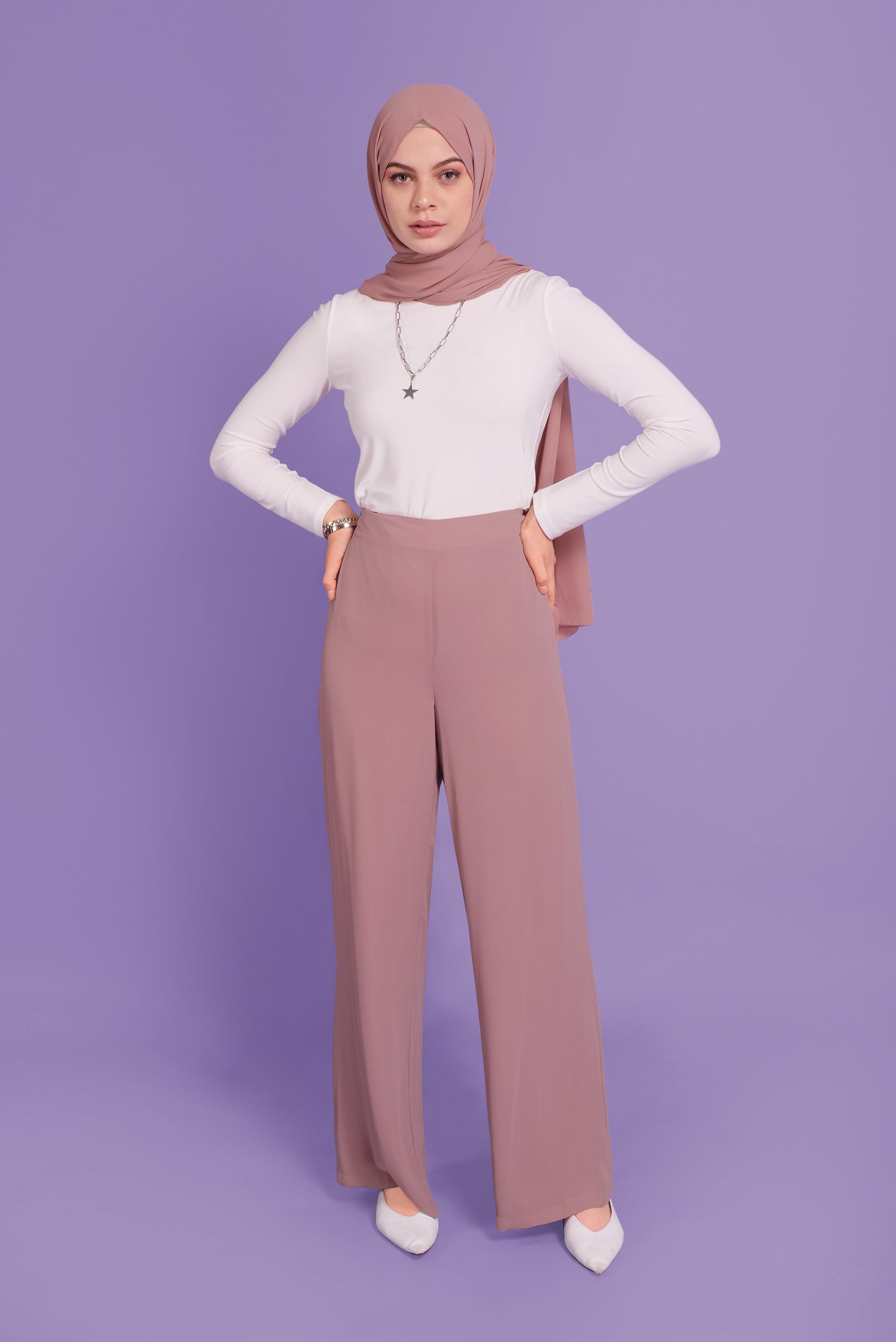 Tesettür giyim PUDRA BELİ LASTİKLİ GENİŞ PAÇA  PANTOLON 70211 