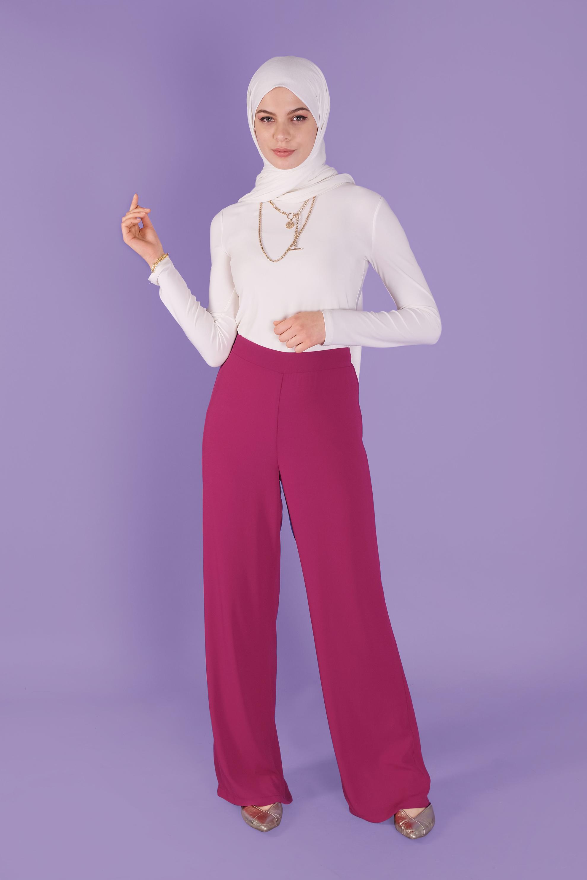 Tesettür giyim MOR BELİ LASTİKLİ GENİŞ PAÇA  PANTOLON 70211 