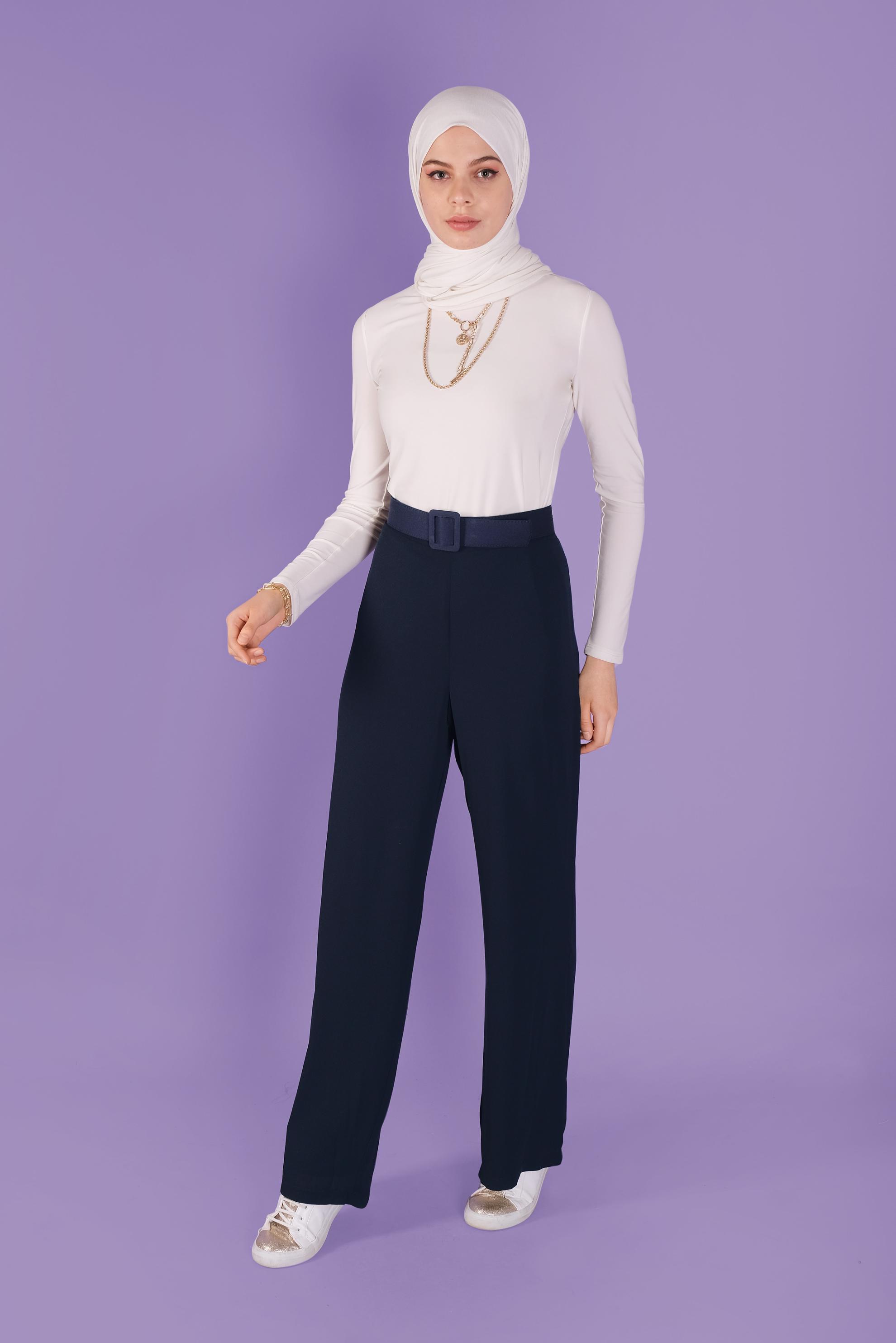 Tesettür giyim LACİVERT BELİ LASTİKLİ GENİŞ PAÇA  PANTOLON 70211 