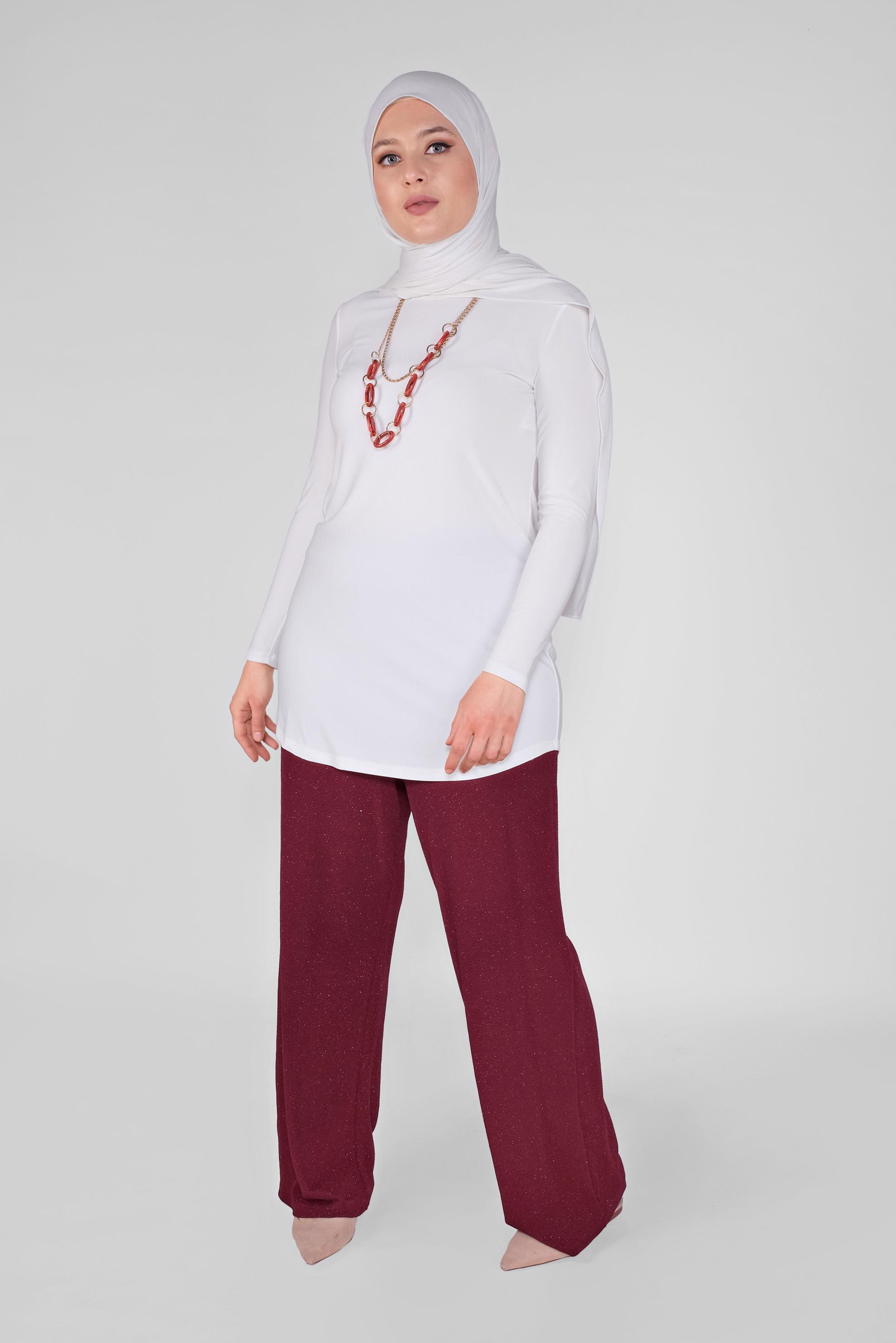 Tesettür giyim BORDO BELİ LASTİKLİ SİMLİ PANTOLON 70212