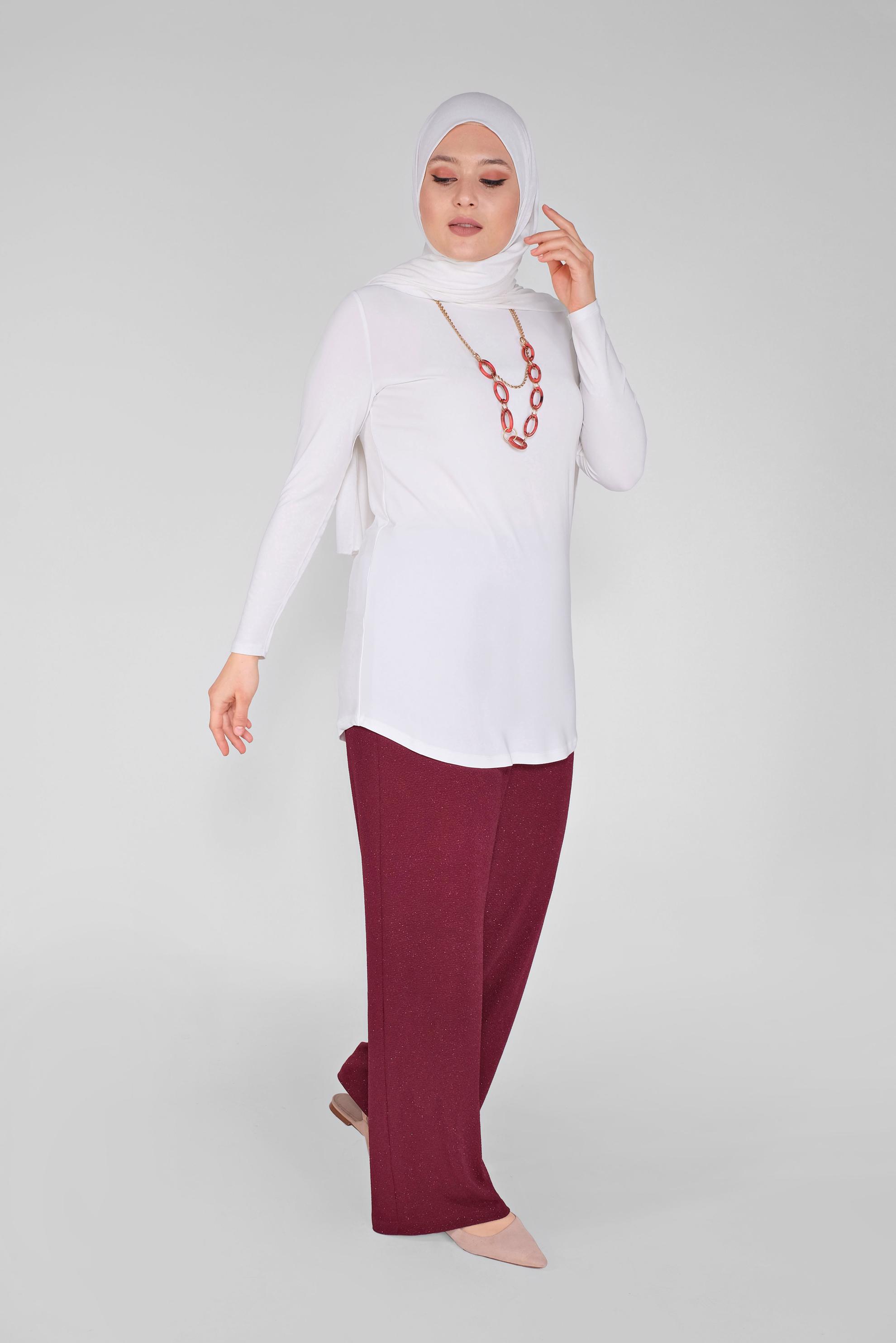 Tesettür giyim BORDO BELİ LASTİKLİ SİMLİ PANTOLON 70212