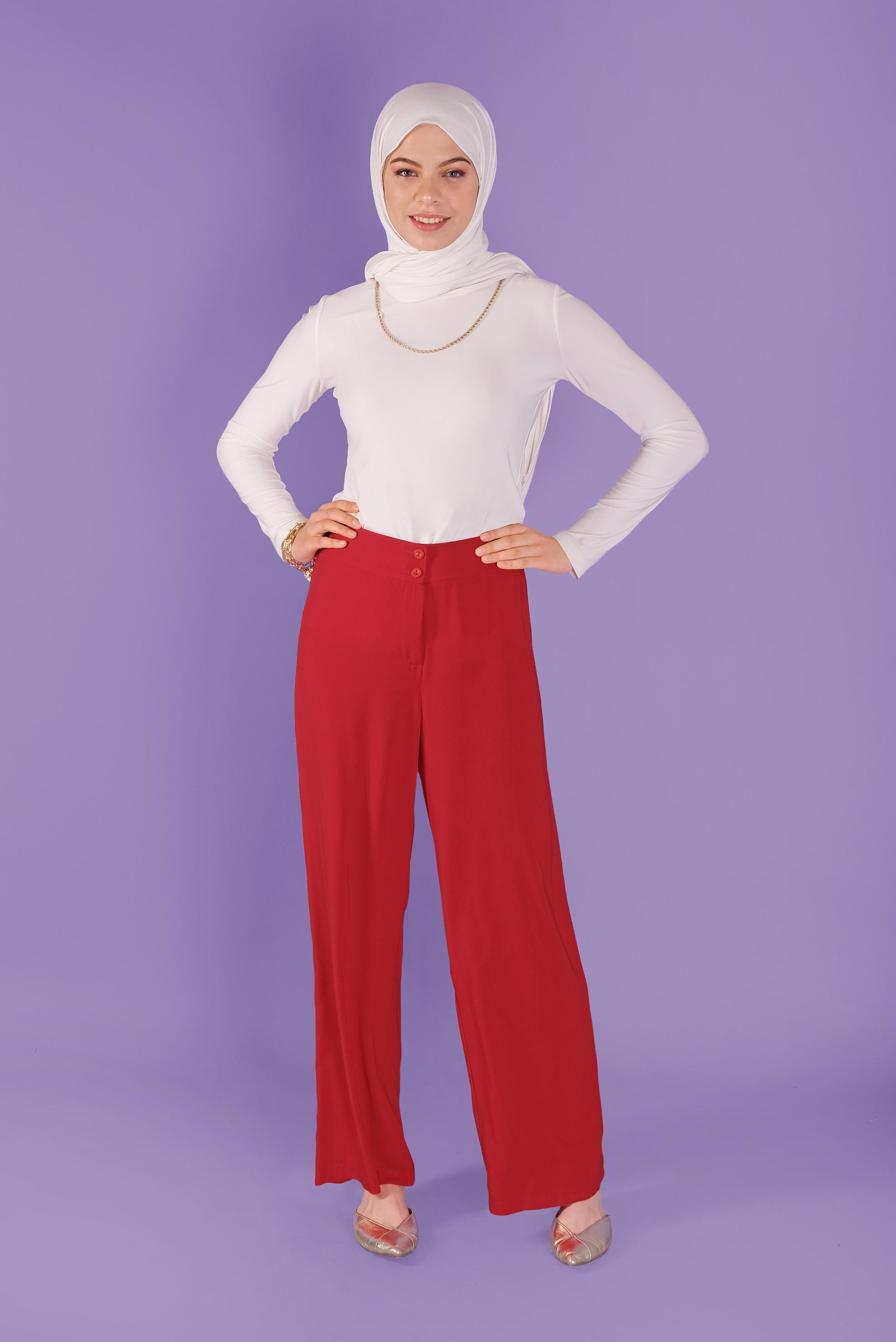 Tesettür giyim KIRMIZI BOL PAÇALI YÜKSEK BEL PANTOLON 70214 