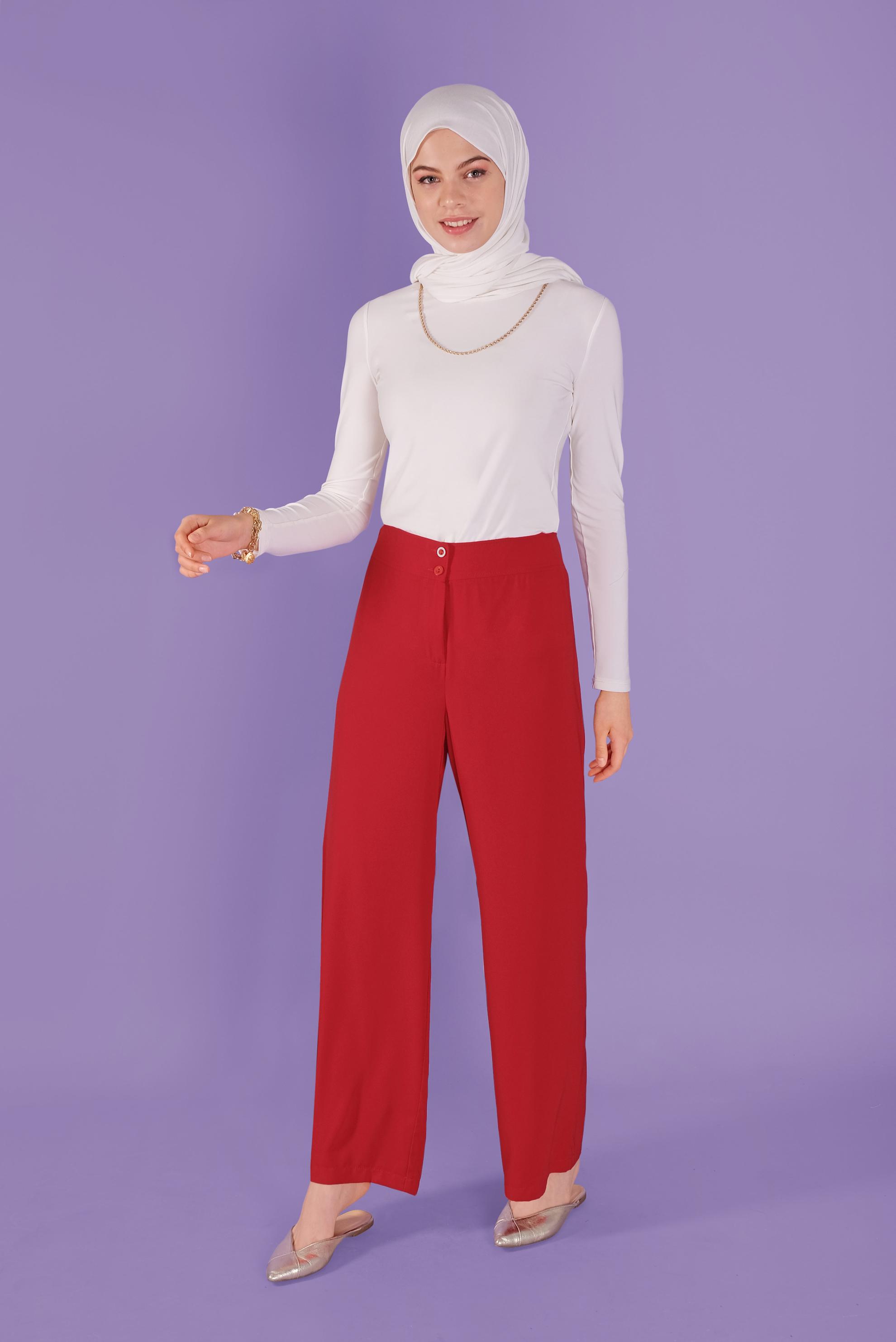 Tesettür giyim KIRMIZI BOL PAÇALI YÜKSEK BEL PANTOLON 70214 