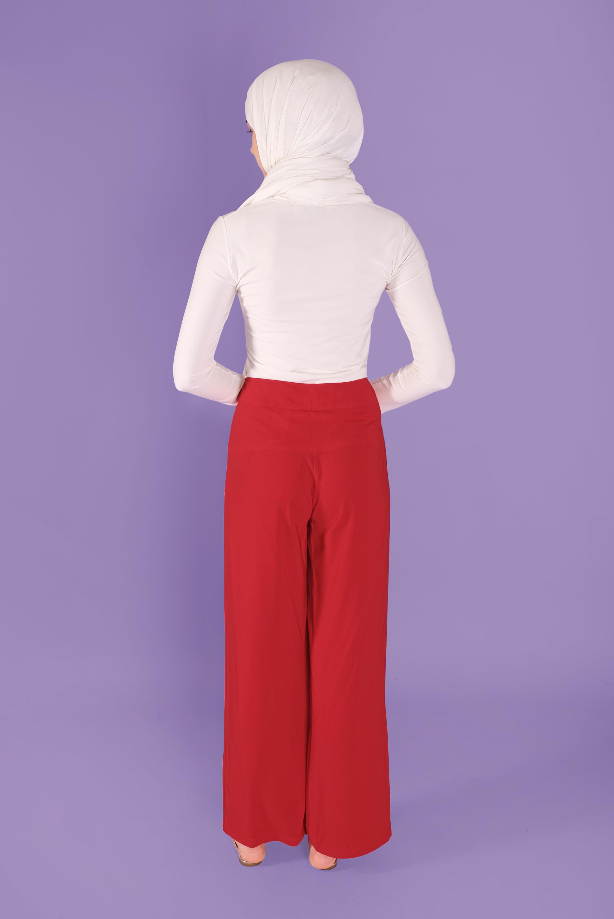 Tesettür giyim KIRMIZI BOL PAÇALI YÜKSEK BEL PANTOLON 70214 
