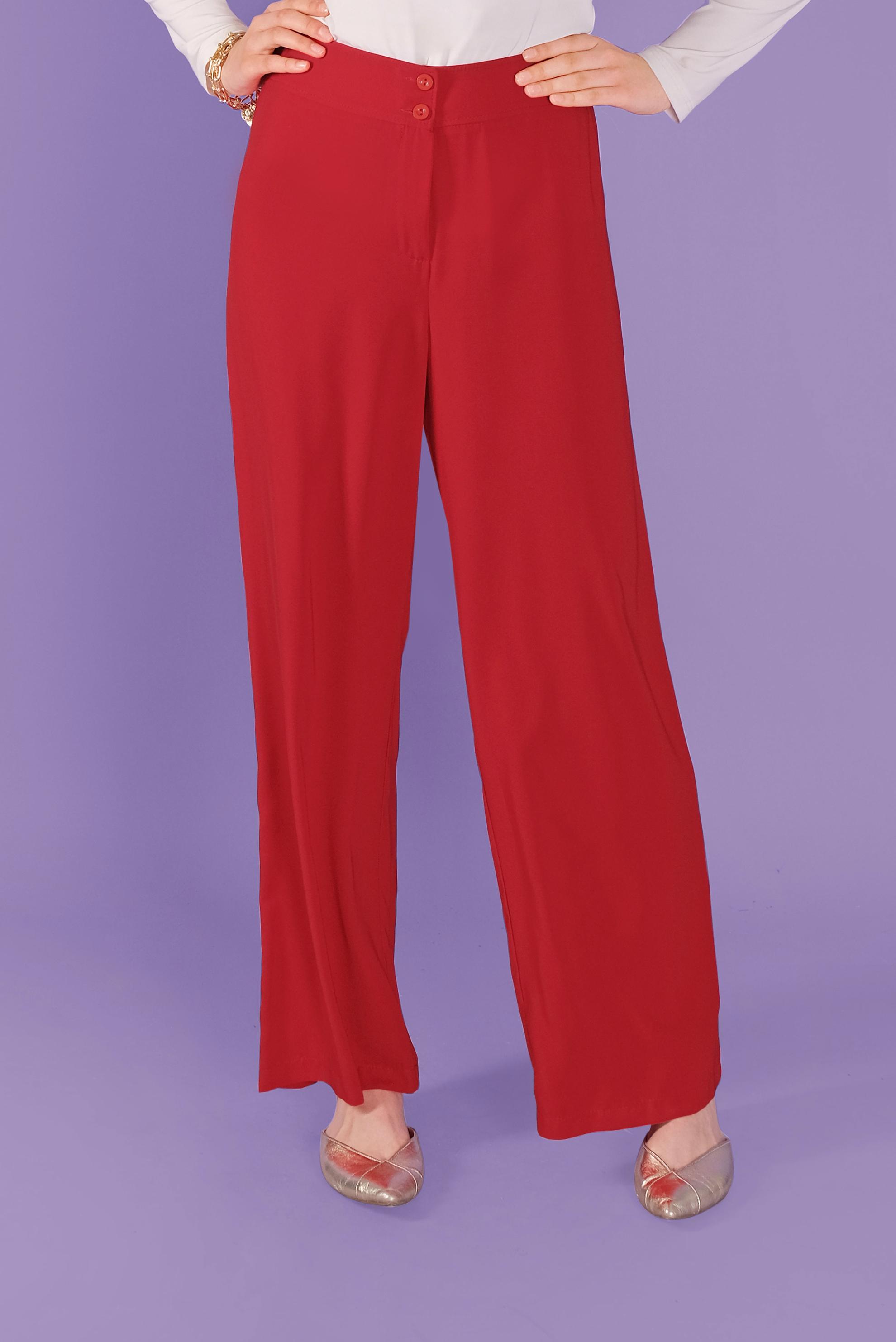 Tesettür giyim KIRMIZI BOL PAÇALI YÜKSEK BEL PANTOLON 70214 