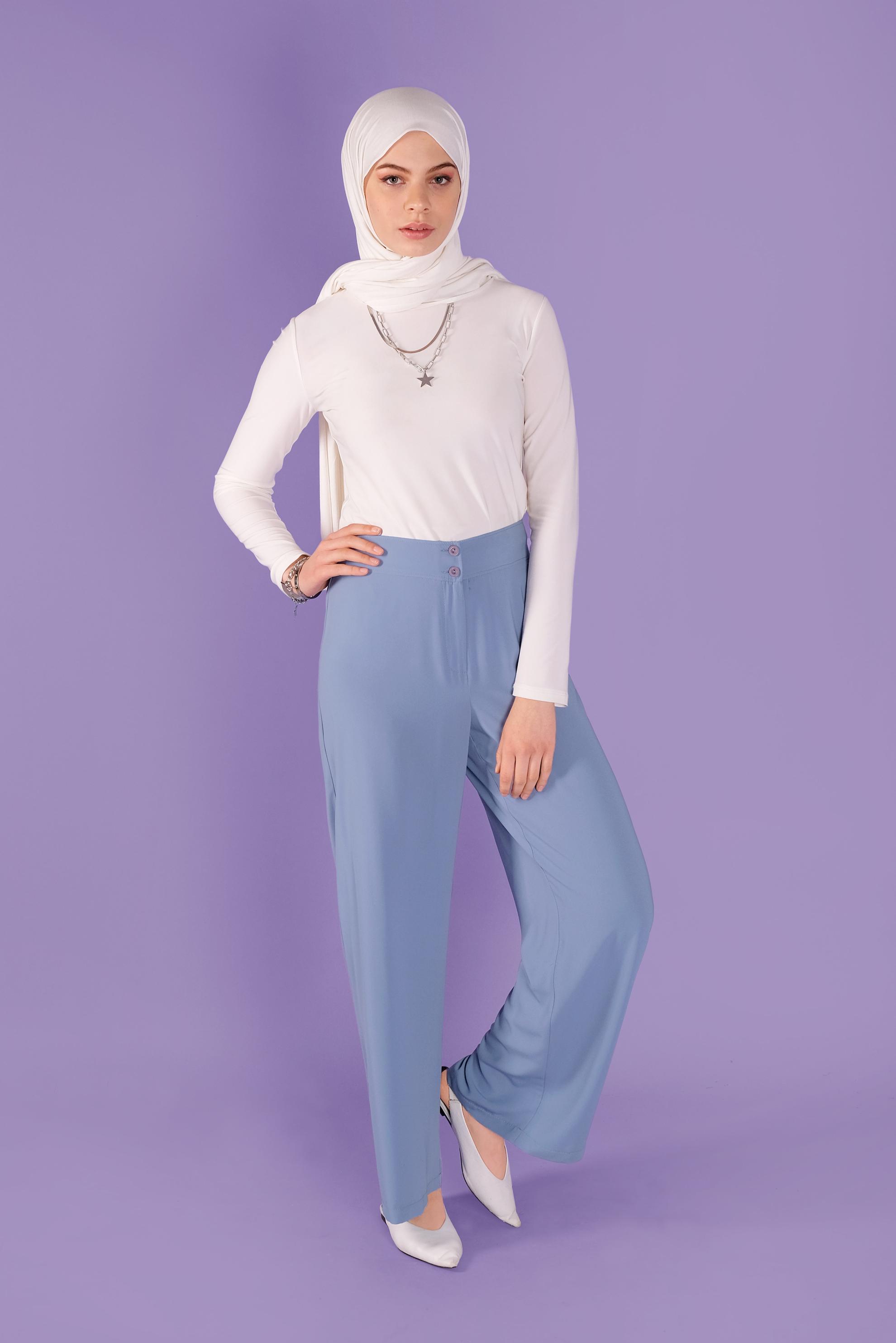 Tesettür giyim MAVİ BOL PAÇALI YÜKSEK BEL PANTOLON 70214 