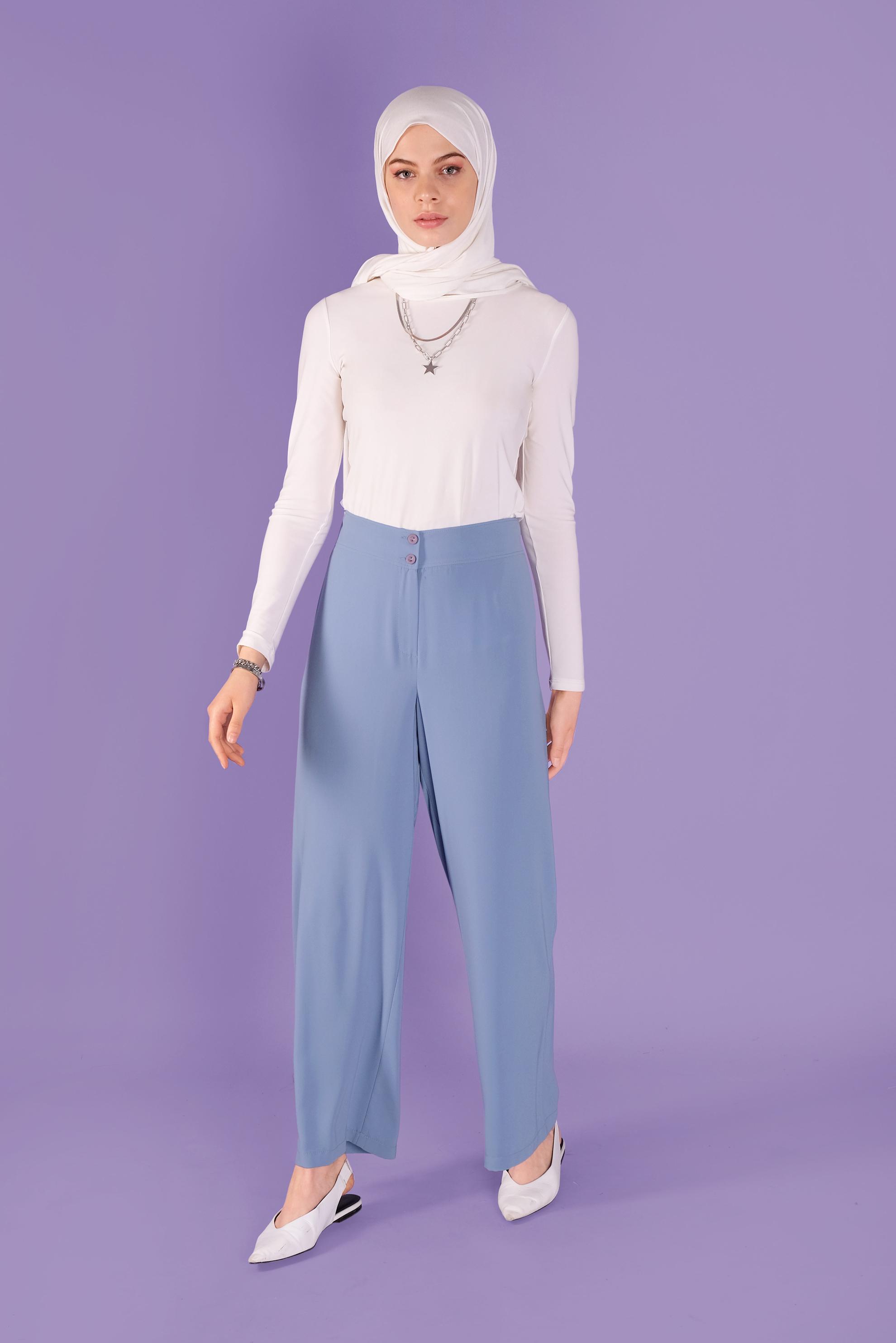 Tesettür giyim MAVİ BOL PAÇALI YÜKSEK BEL PANTOLON 70214 
