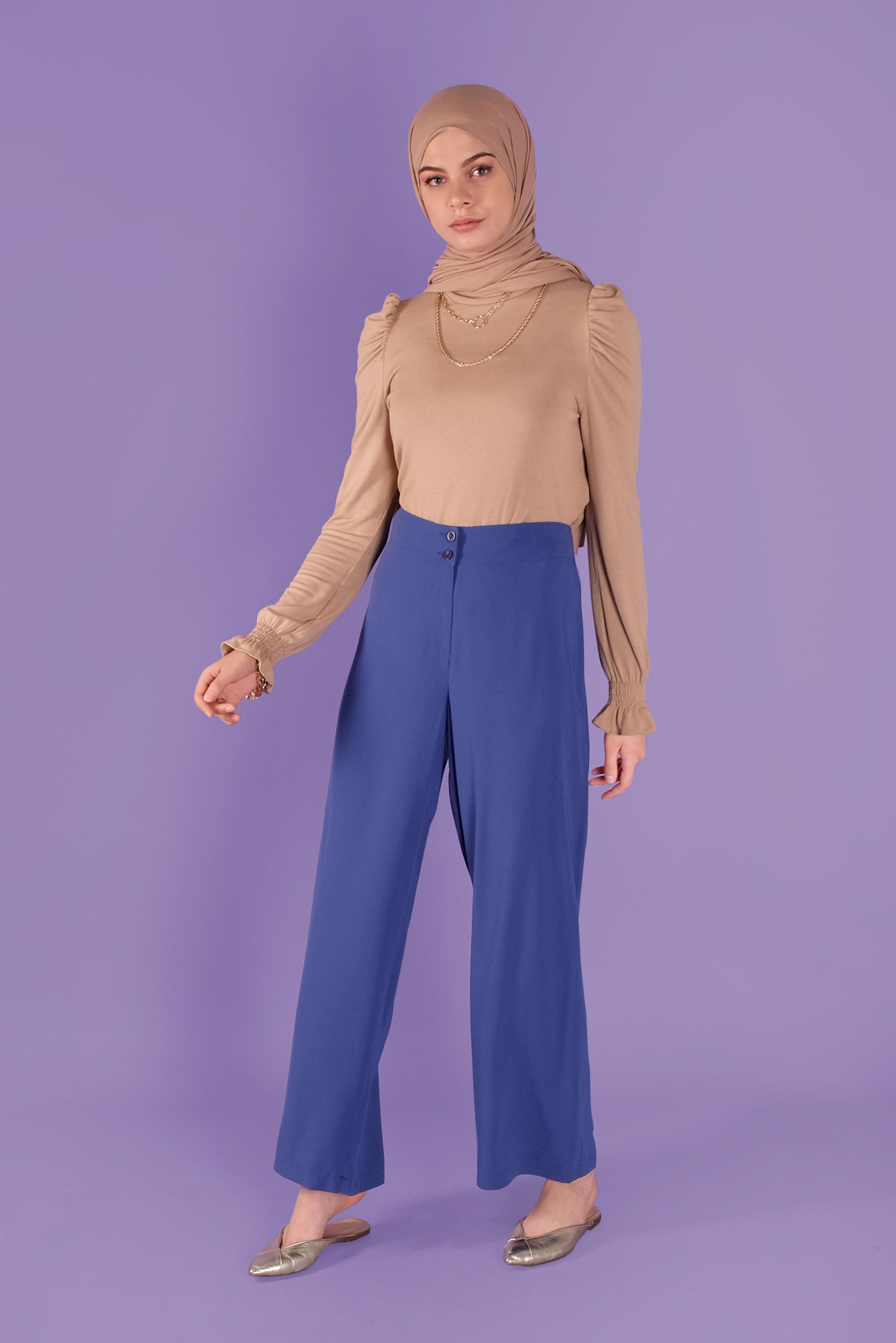 Tesettür giyim MAVİ BOL PAÇALI YÜKSEK BEL PANTOLON 70214 