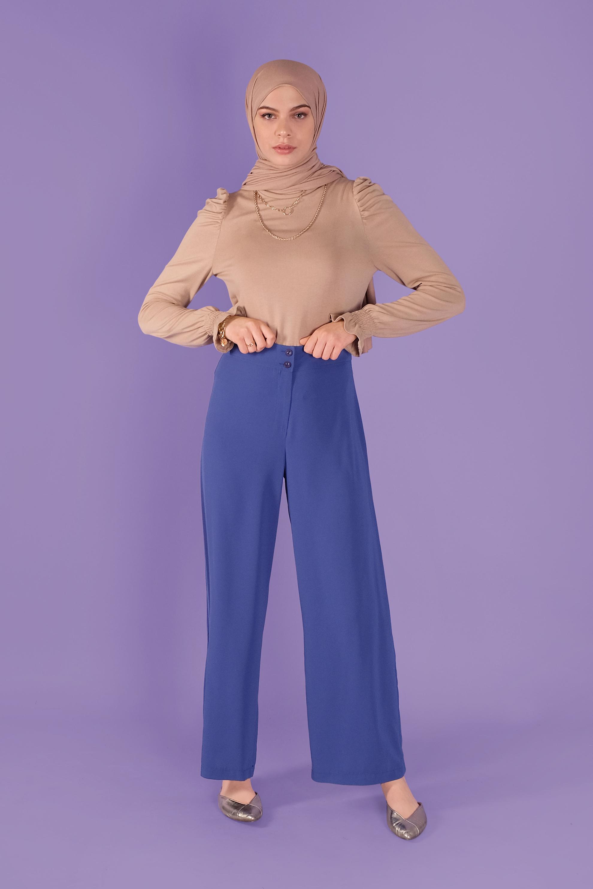 Tesettür giyim MAVİ BOL PAÇALI YÜKSEK BEL PANTOLON 70214 