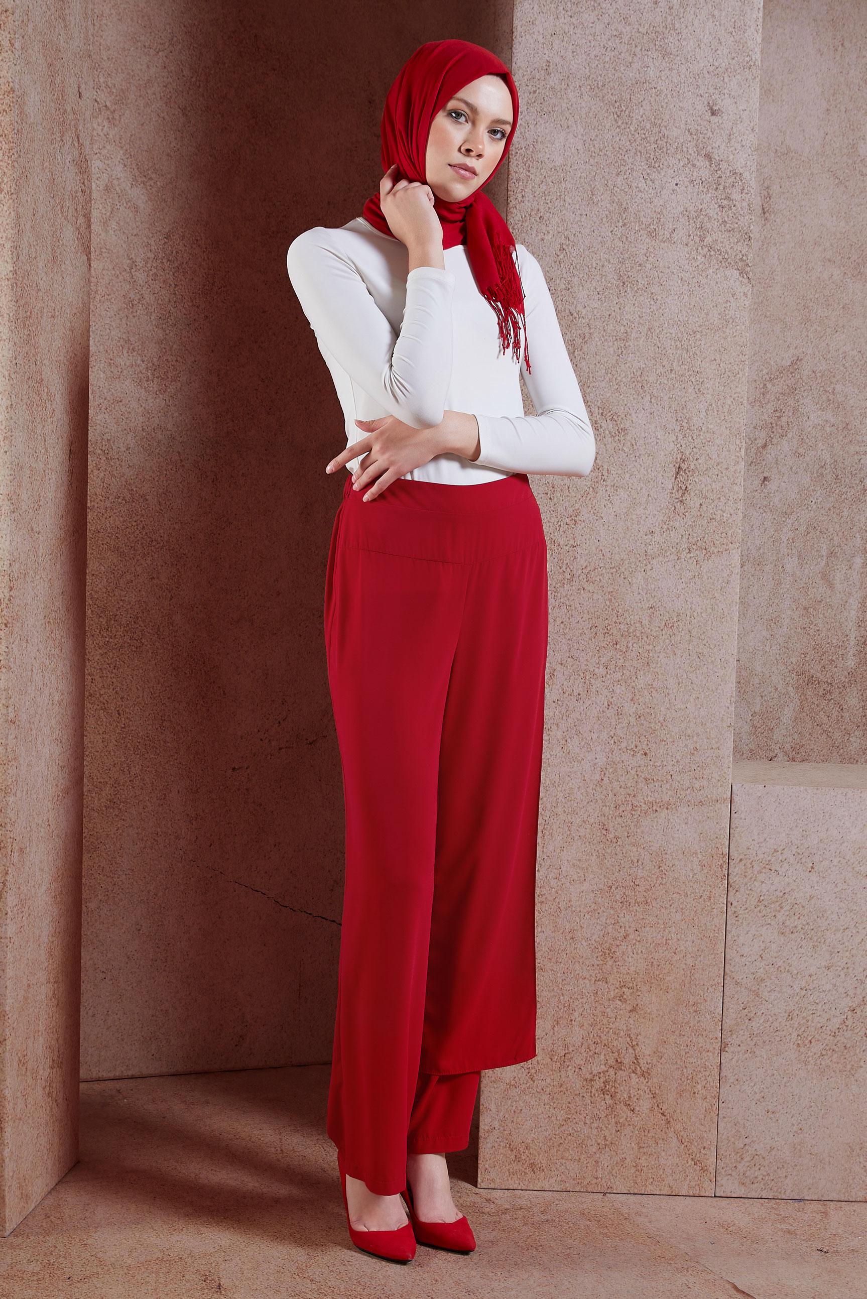 Tesettür giyim KIRMIZI PARÇA DETAYLI PANTOLON 70219