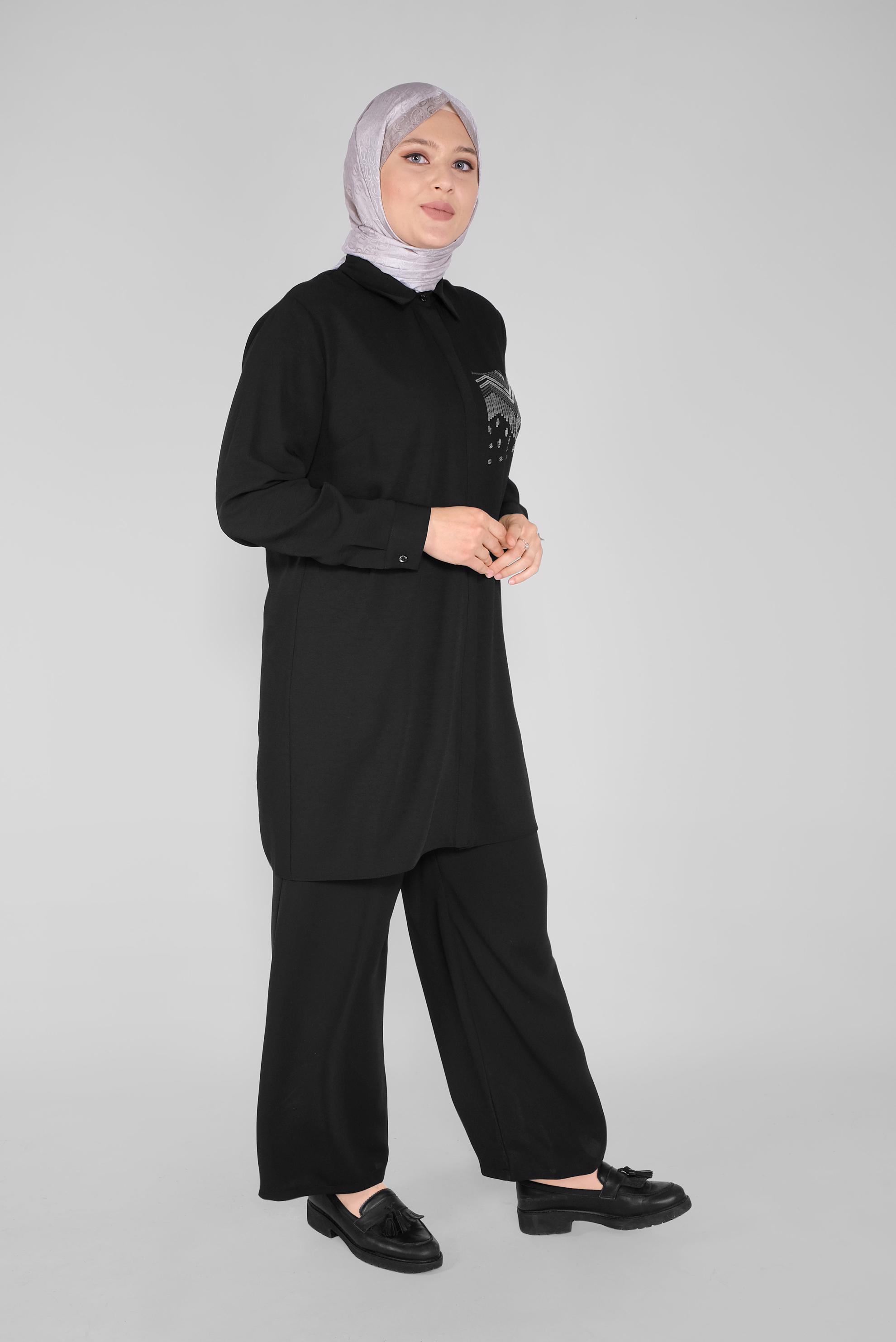 Tesettür giyim SİYAH GENİŞ PAÇA  FERMUARLI PANTOLON 70232 